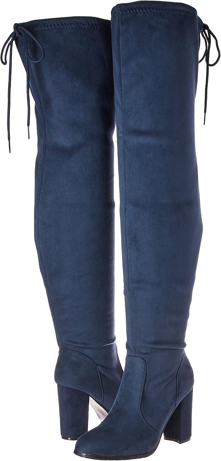 imageDREAM PAIRS Womens Thigh High Over The Knee Fashion Boots Block Mid Heel Long Sexy Faux Fur BootsDark Blue