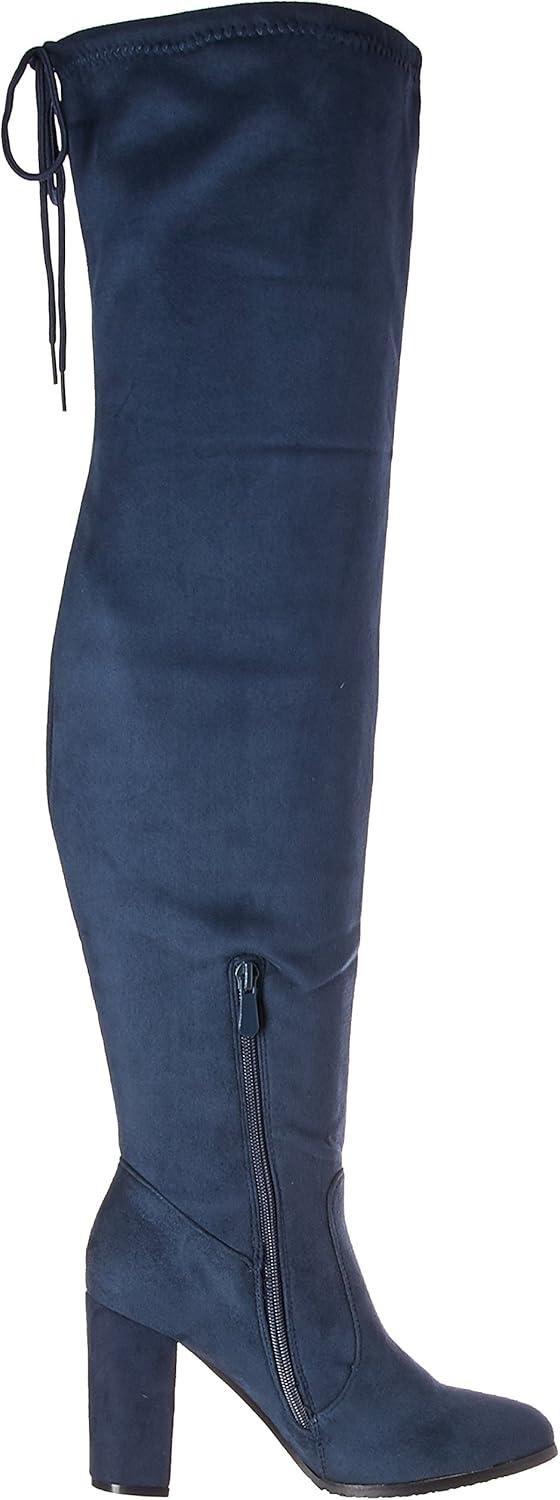 imageDREAM PAIRS Womens Thigh High Over The Knee Fashion Boots Block Mid Heel Long Sexy Faux Fur BootsDark Blue