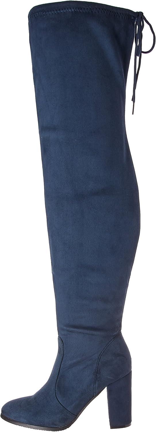 imageDREAM PAIRS Womens Thigh High Over The Knee Fashion Boots Block Mid Heel Long Sexy Faux Fur BootsDark Blue