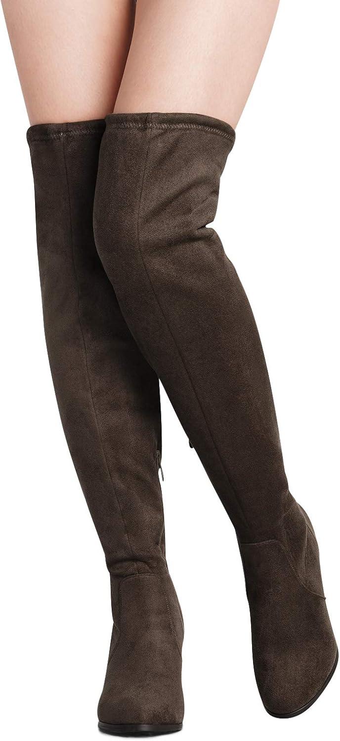 imageDREAM PAIRS Womens Thigh High Over The Knee Fashion Boots Block Mid Heel Long Sexy Faux Fur BootsKhaki