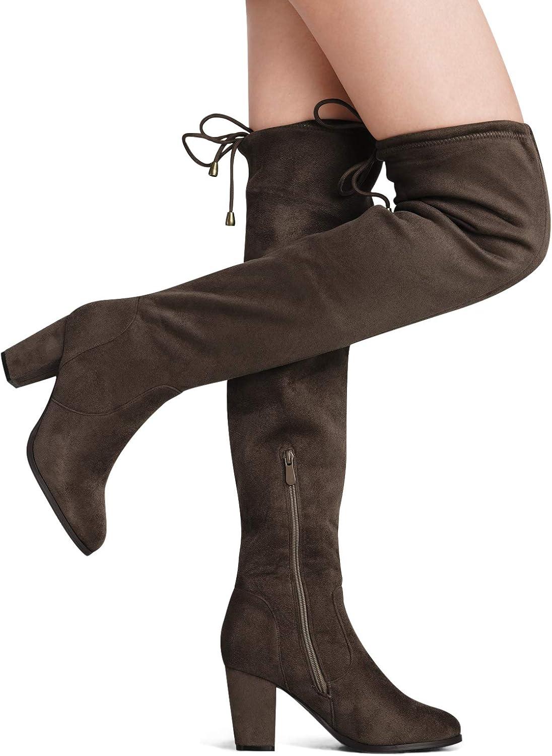 imageDREAM PAIRS Womens Thigh High Over The Knee Fashion Boots Block Mid Heel Long Sexy Faux Fur BootsKhaki