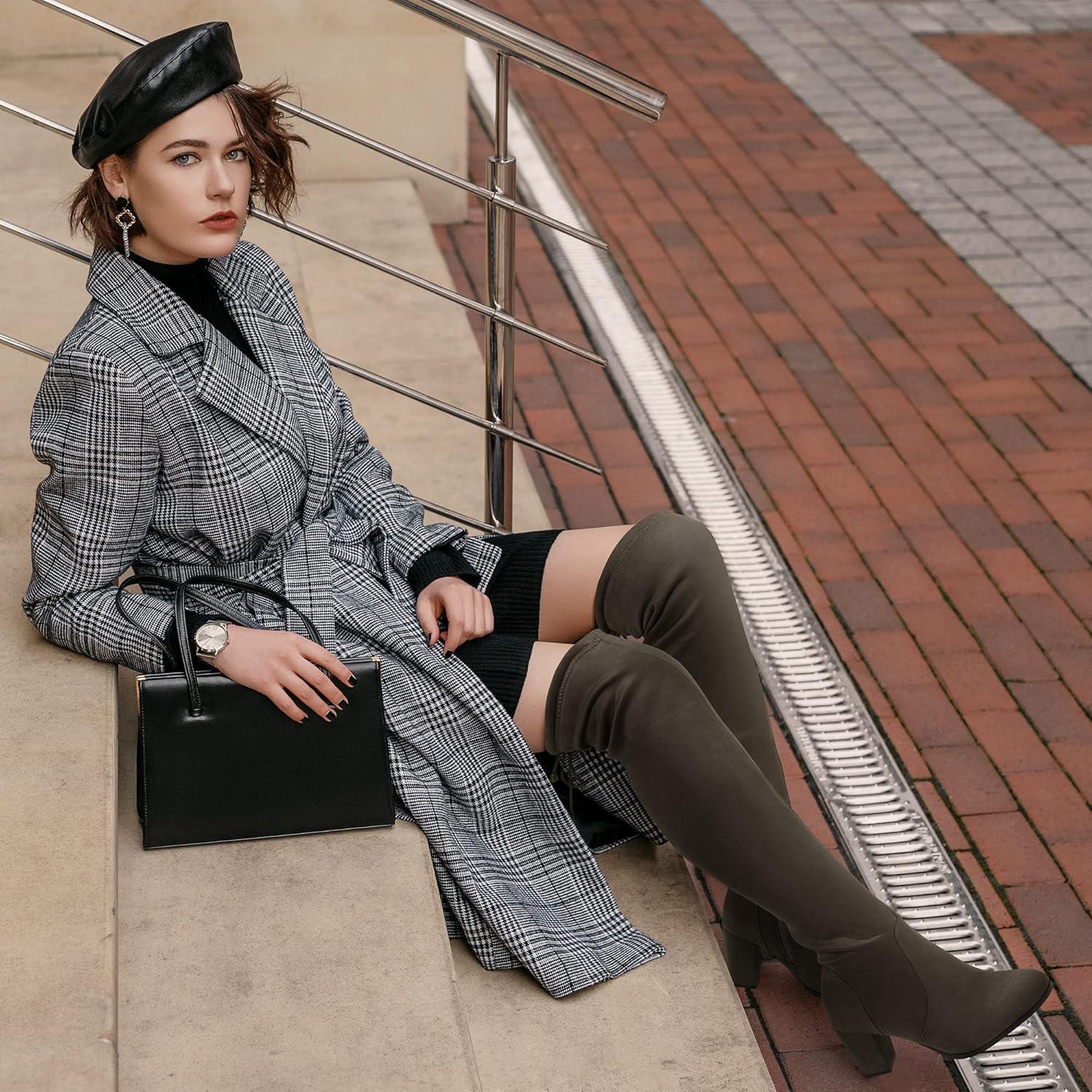 imageDREAM PAIRS Womens Thigh High Over The Knee Fashion Boots Block Mid Heel Long Sexy Faux Fur BootsKhaki