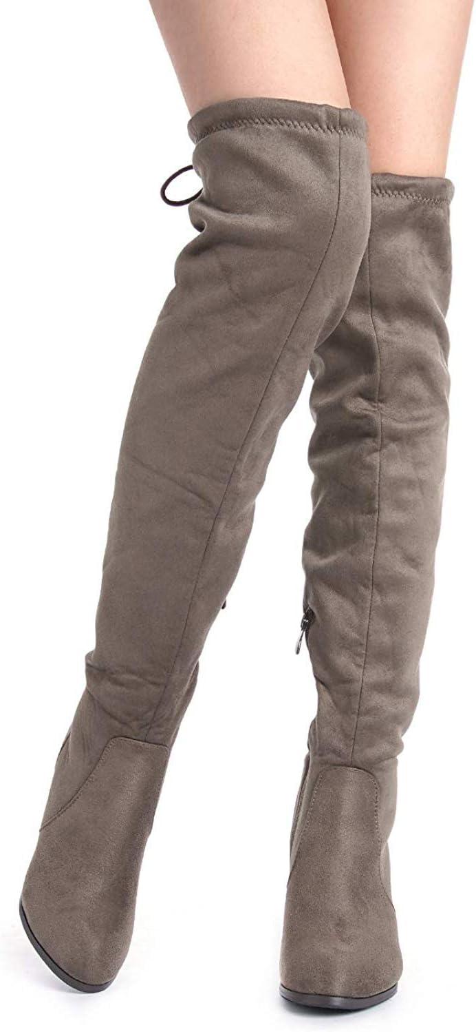 imageDREAM PAIRS Womens Thigh High Over The Knee Fashion Boots Block Mid Heel Long Sexy Faux Fur BootsKhaki