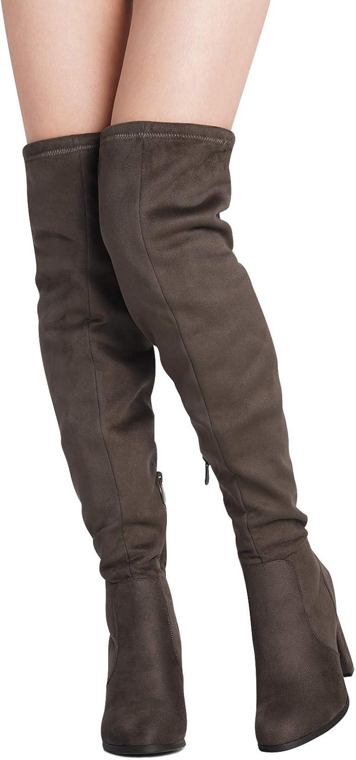 imageDREAM PAIRS Womens Thigh High Over The Knee Fashion Boots Block Mid Heel Long Sexy Faux Fur BootsShookhaki