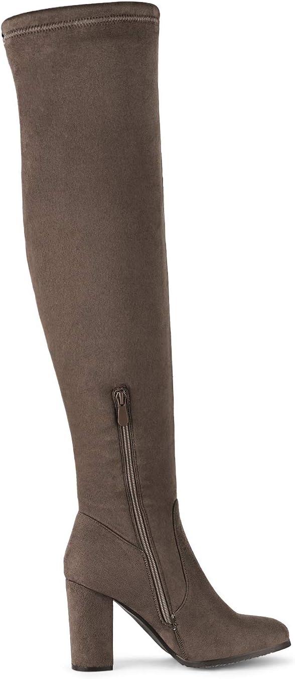 imageDREAM PAIRS Womens Thigh High Over The Knee Fashion Boots Block Mid Heel Long Sexy Faux Fur BootsShookhaki