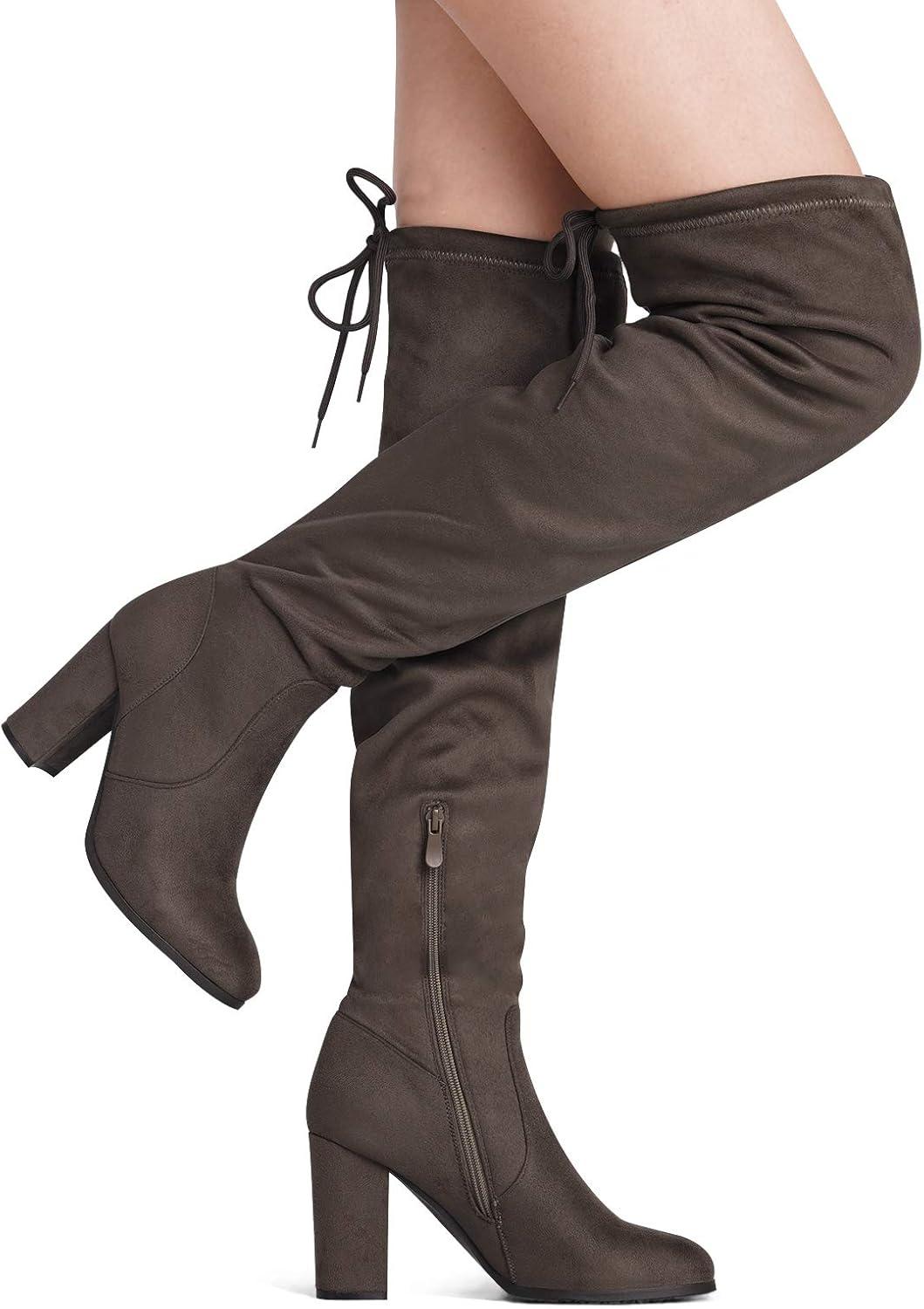imageDREAM PAIRS Womens Thigh High Over The Knee Fashion Boots Block Mid Heel Long Sexy Faux Fur BootsShookhaki