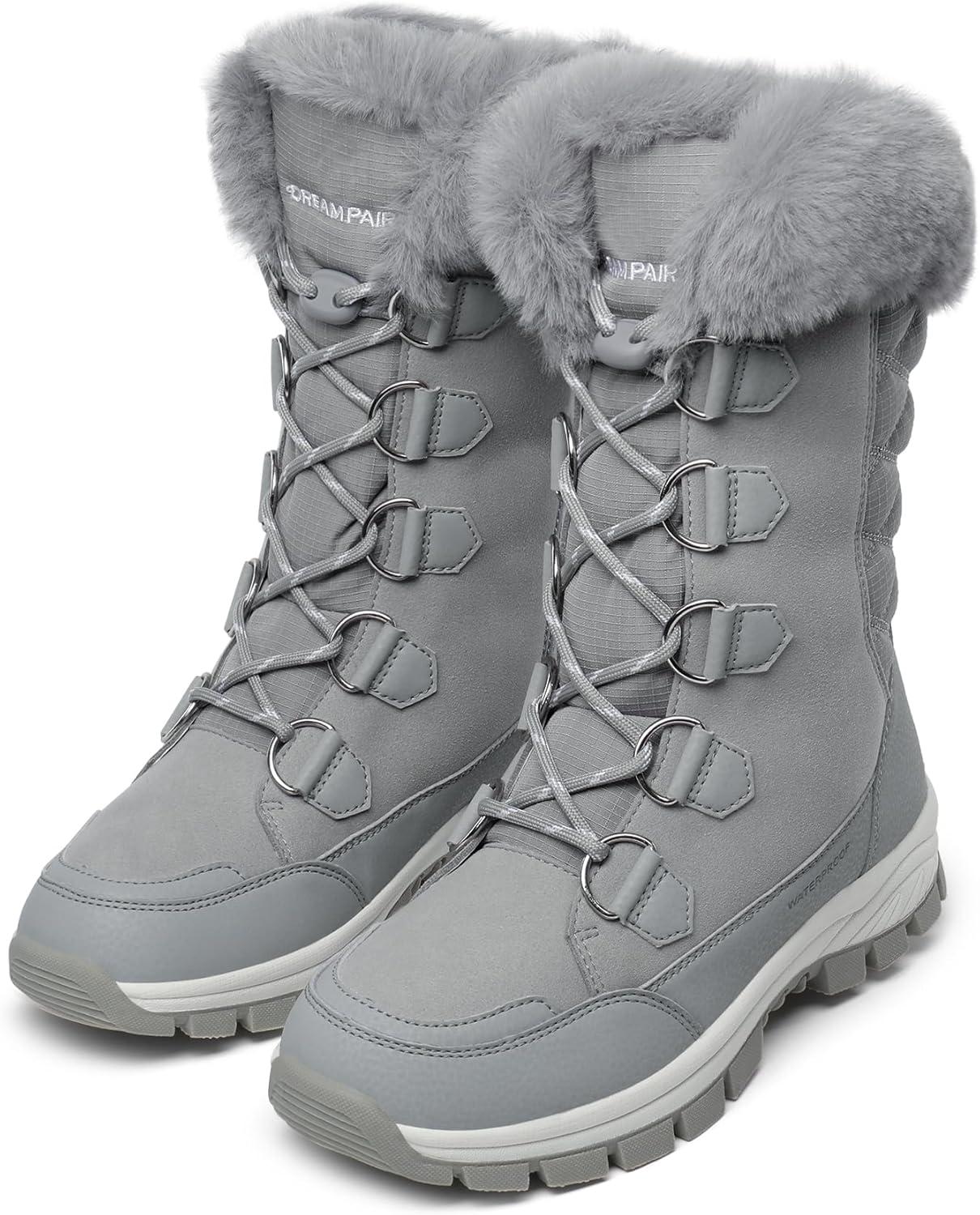 imageDREAM PAIRS Womens Waterproof Winter Snow Boots Warm Comfortable Faux Fur Insulated NonSlip Outdoor LaceUp Florin Mid Calf BootiesLightGrey