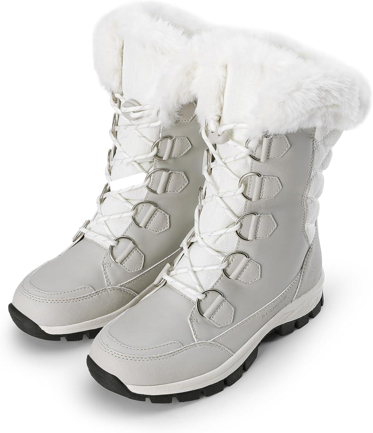 imageDREAM PAIRS Womens Waterproof Winter Snow Boots Warm Comfortable Faux Fur Insulated NonSlip Outdoor LaceUp Florin Mid Calf BootiesWhiteGrey