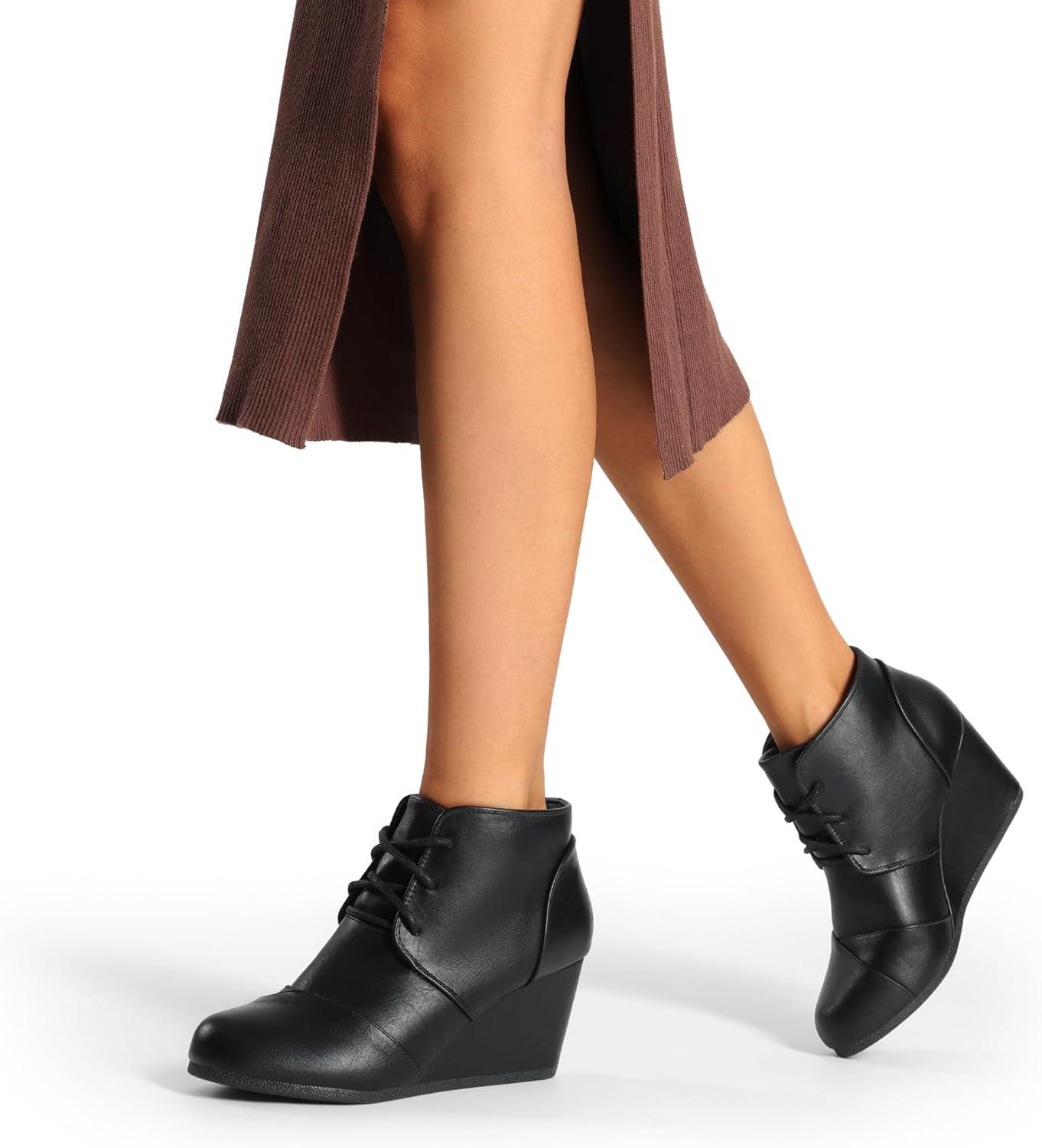 imageDREAM PAIRS Womens Wedge Boots Casual Fashion Lace Up Low Heel Ankle Booties ShoesBlackPu