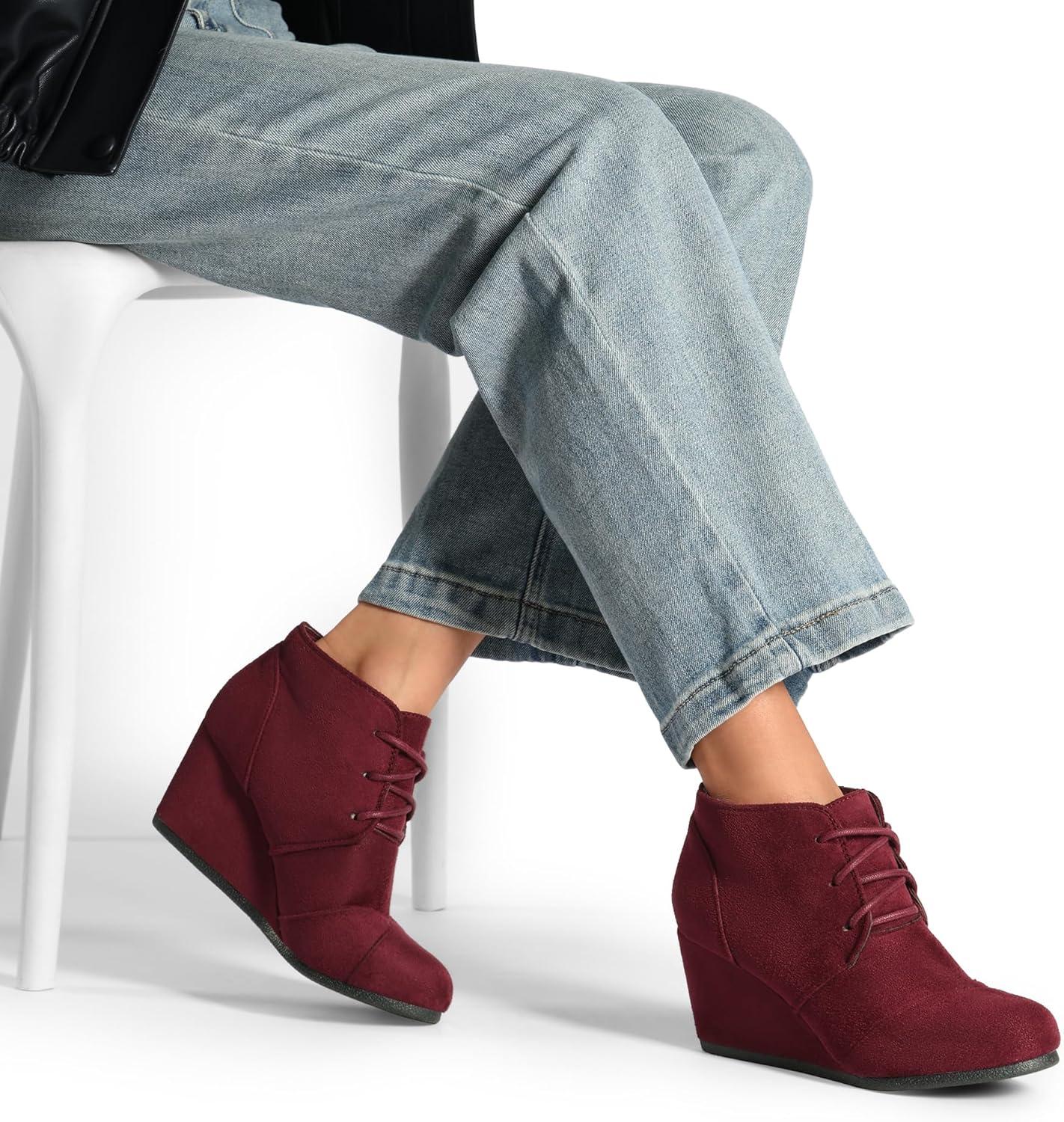 imageDREAM PAIRS Womens Wedge Boots Casual Fashion Lace Up Low Heel Ankle Booties ShoesBurgundy