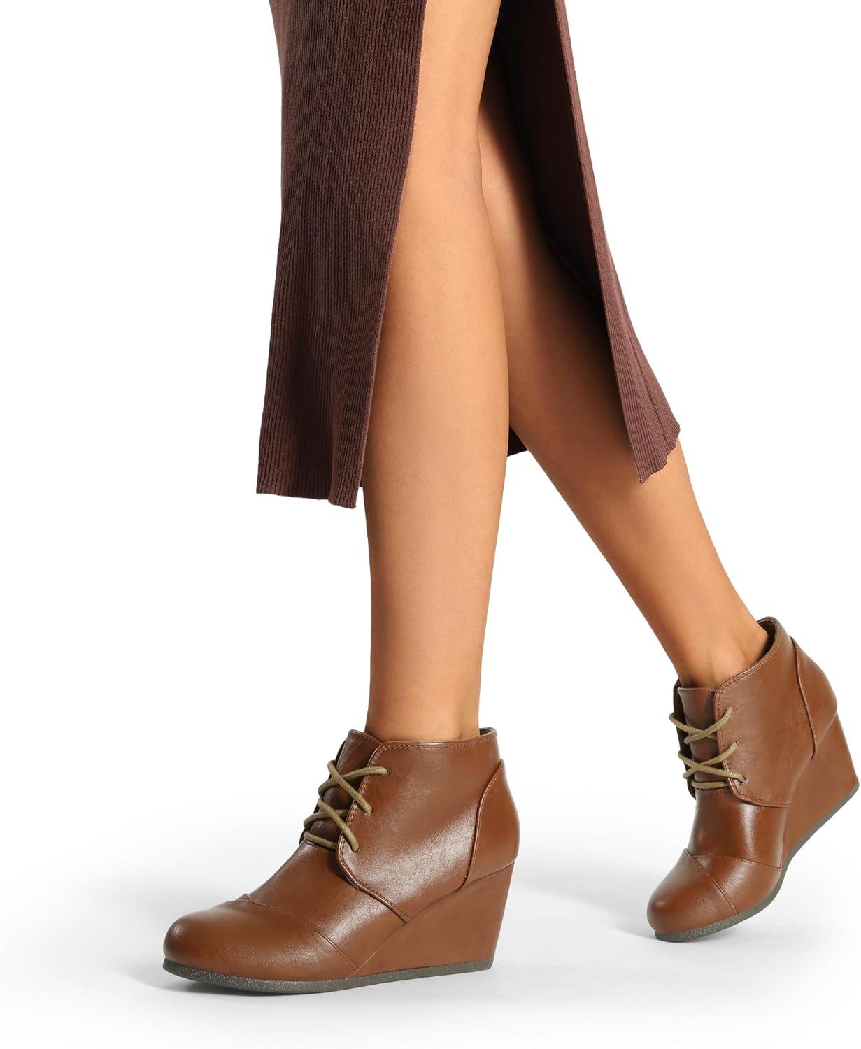imageDREAM PAIRS Womens Wedge Boots Casual Fashion Lace Up Low Heel Ankle Booties ShoesTanPu