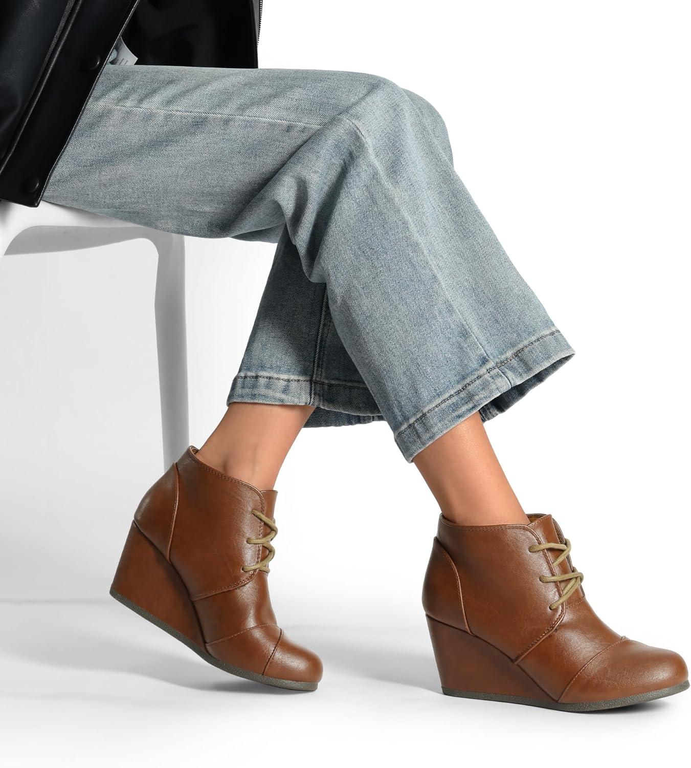 imageDREAM PAIRS Womens Wedge Boots Casual Fashion Lace Up Low Heel Ankle Booties ShoesTanPu