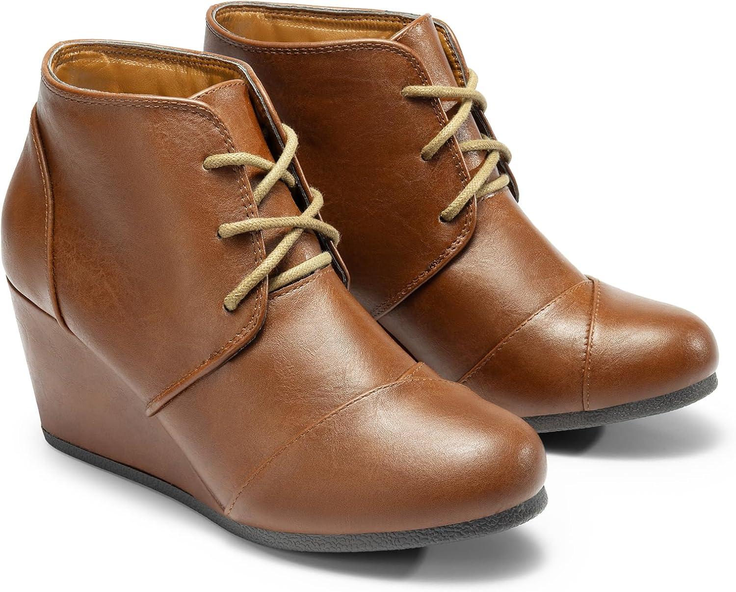 imageDREAM PAIRS Womens Wedge Boots Casual Fashion Lace Up Low Heel Ankle Booties ShoesTanPu