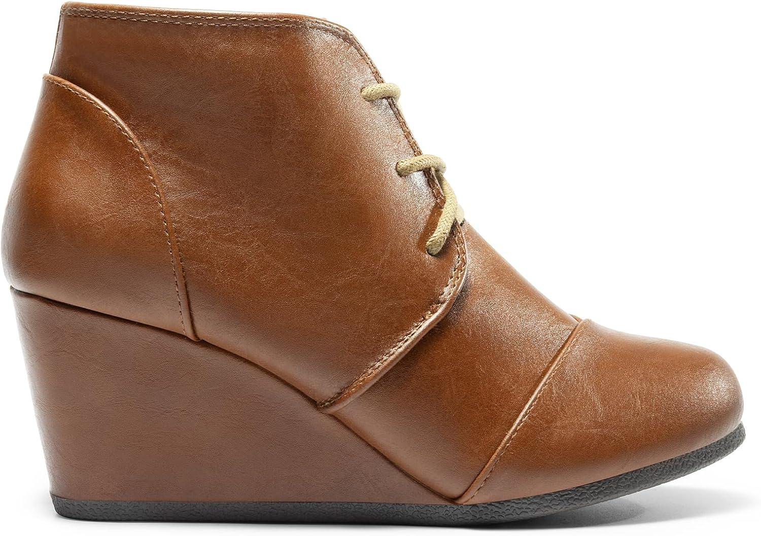 imageDREAM PAIRS Womens Wedge Boots Casual Fashion Lace Up Low Heel Ankle Booties ShoesTanPu