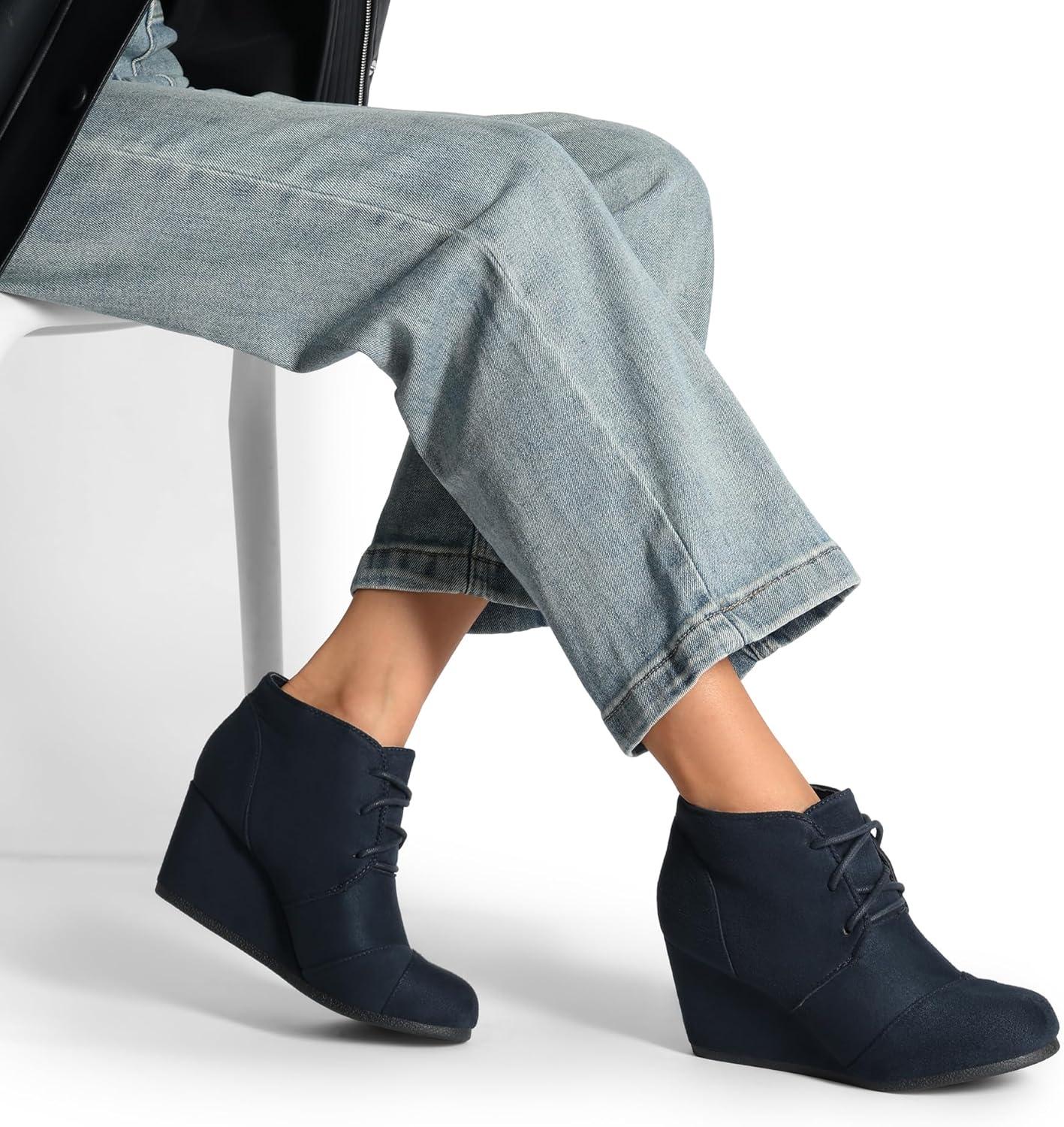 imageDREAM PAIRS Womens Wedge Boots Casual Fashion Lace Up Low Heel Ankle Booties ShoesTomsonnavy