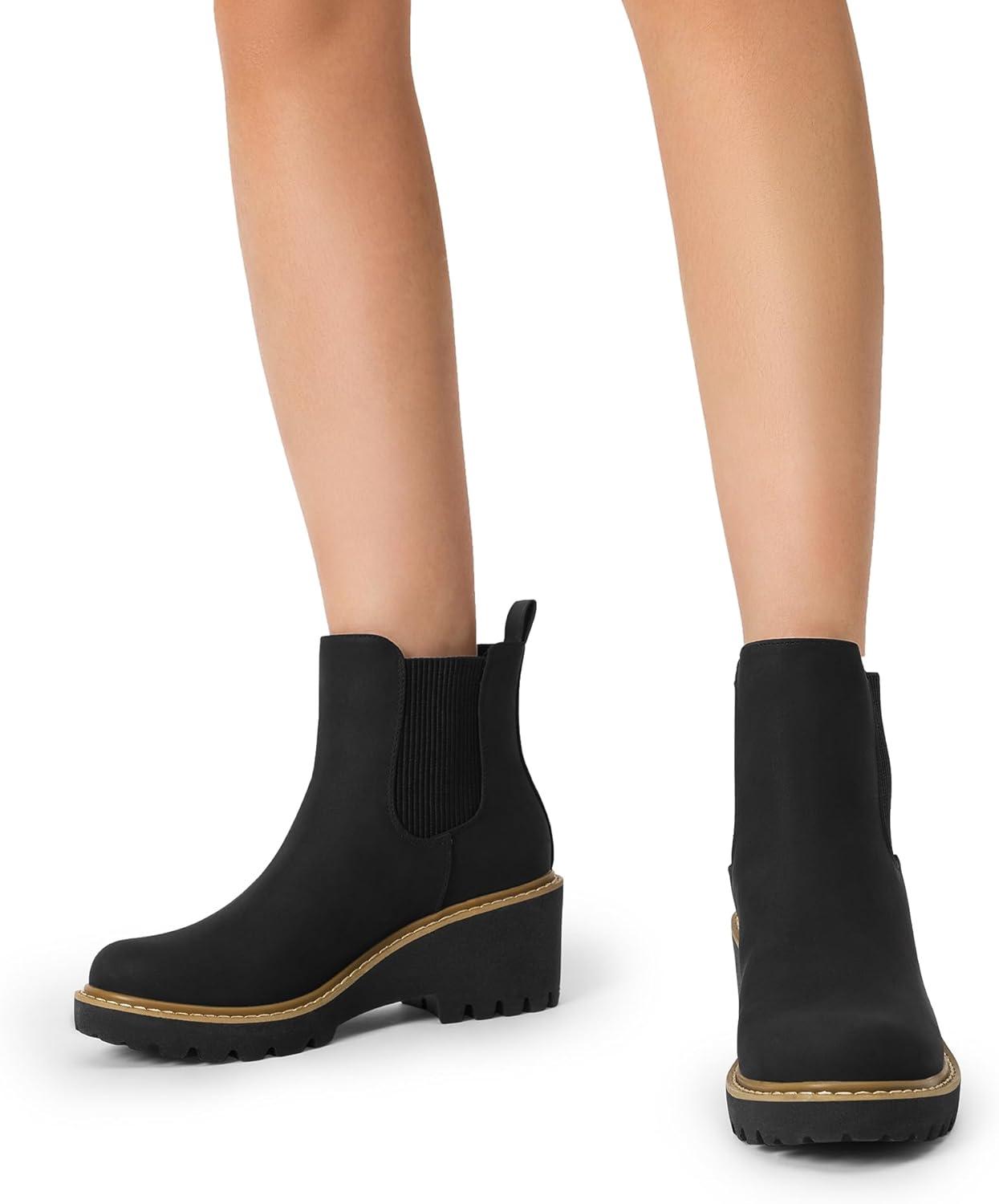 imageDREAM PAIRS Womens Wedge Chelsea Ankle Boots Fashion Round Toe Low Wedge Heel Platform Booties ShoesBlacknubuck