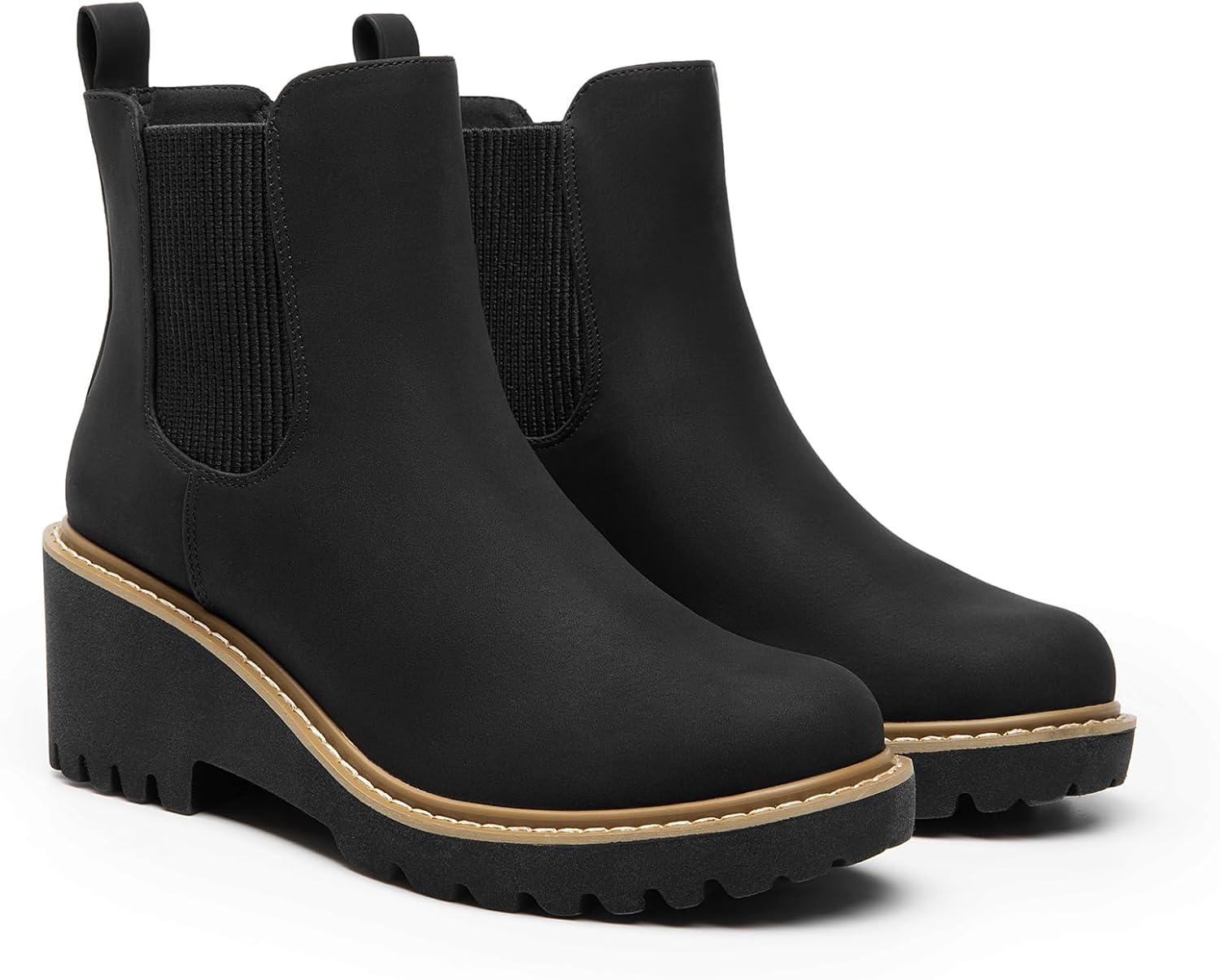 imageDREAM PAIRS Womens Wedge Chelsea Ankle Boots Fashion Round Toe Low Wedge Heel Platform Booties ShoesBlacknubuck