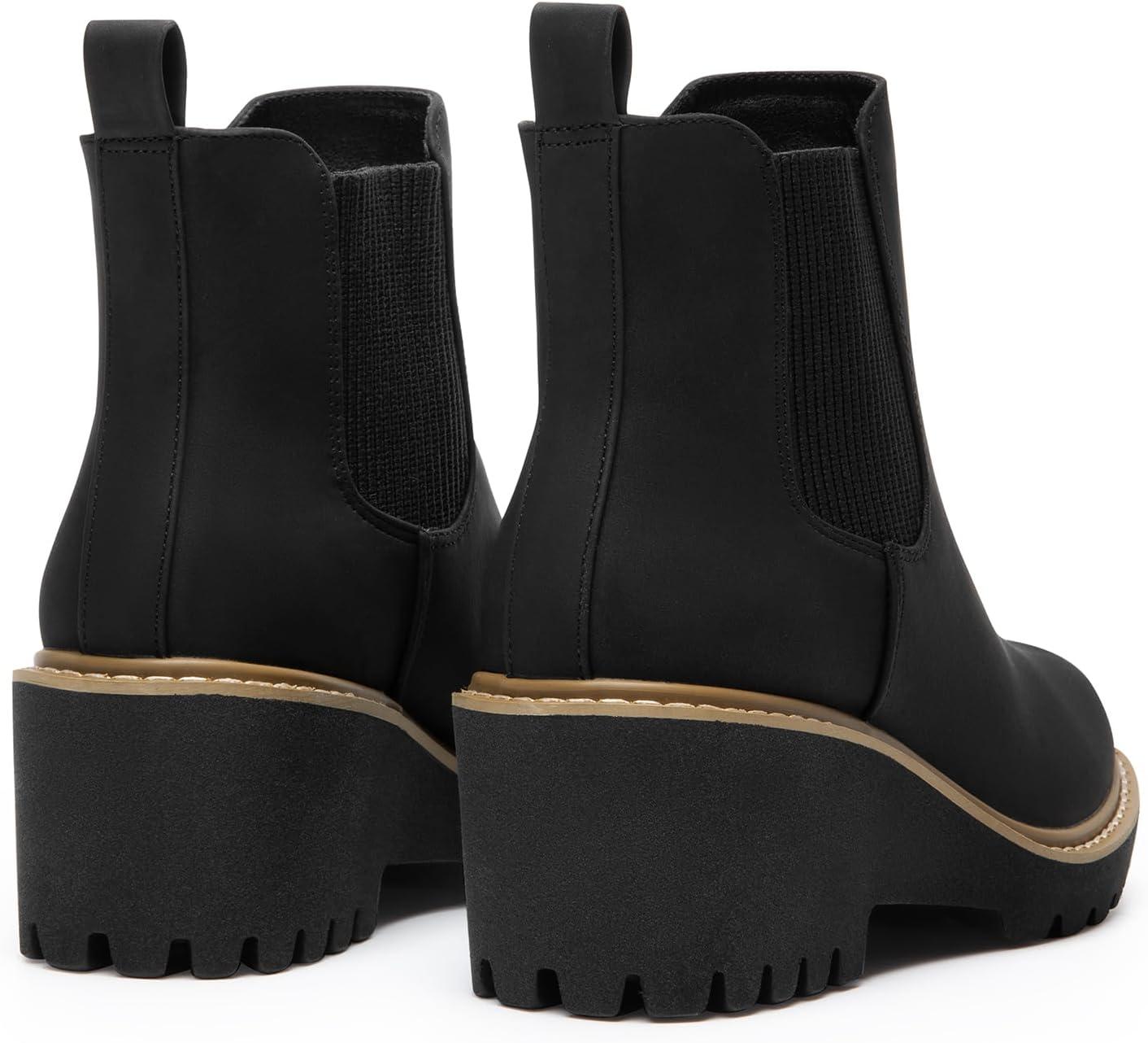 imageDREAM PAIRS Womens Wedge Chelsea Ankle Boots Fashion Round Toe Low Wedge Heel Platform Booties ShoesBlacknubuck