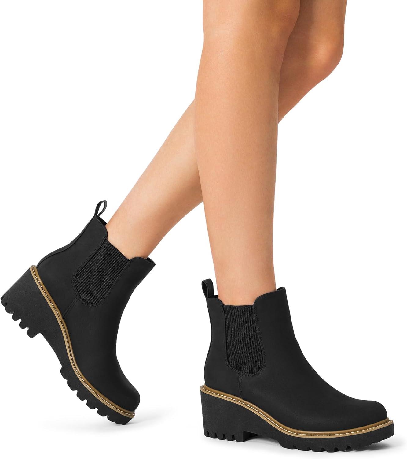 imageDREAM PAIRS Womens Wedge Chelsea Ankle Boots Fashion Round Toe Low Wedge Heel Platform Booties ShoesBlacknubuck