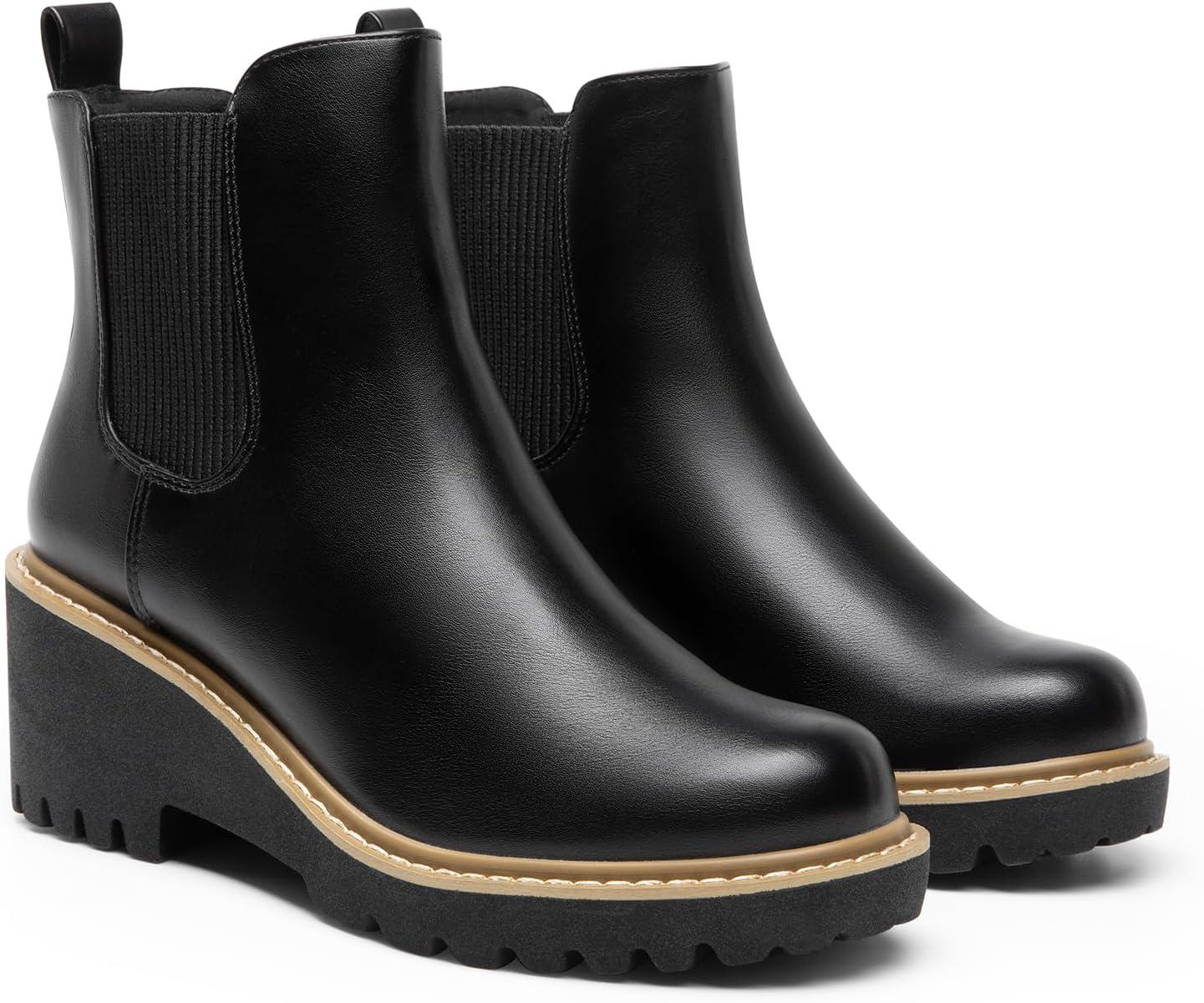 imageDREAM PAIRS Womens Wedge Chelsea Ankle Boots Fashion Round Toe Low Wedge Heel Platform Booties ShoesBlackpu