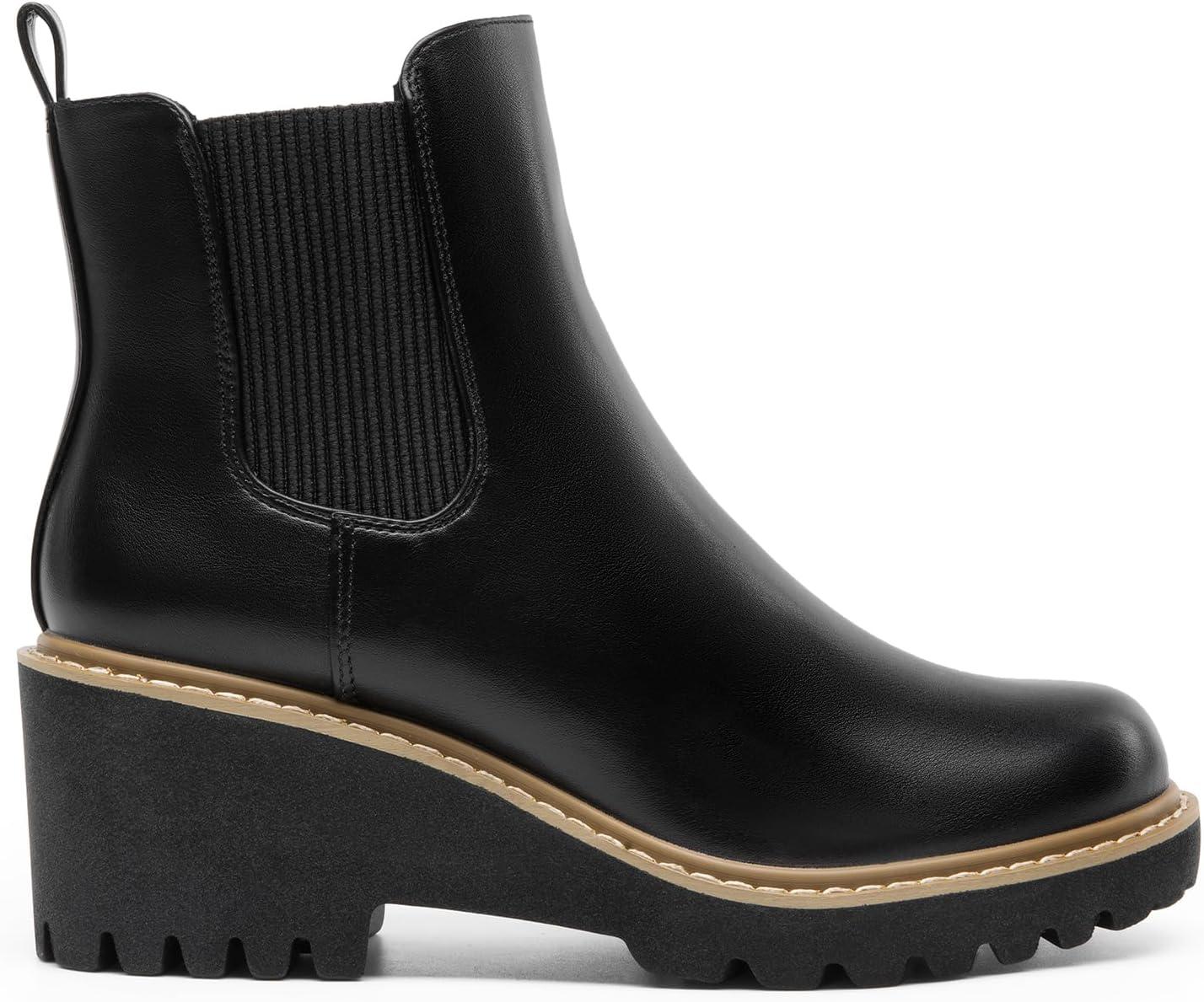 imageDREAM PAIRS Womens Wedge Chelsea Ankle Boots Fashion Round Toe Low Wedge Heel Platform Booties ShoesBlackpu