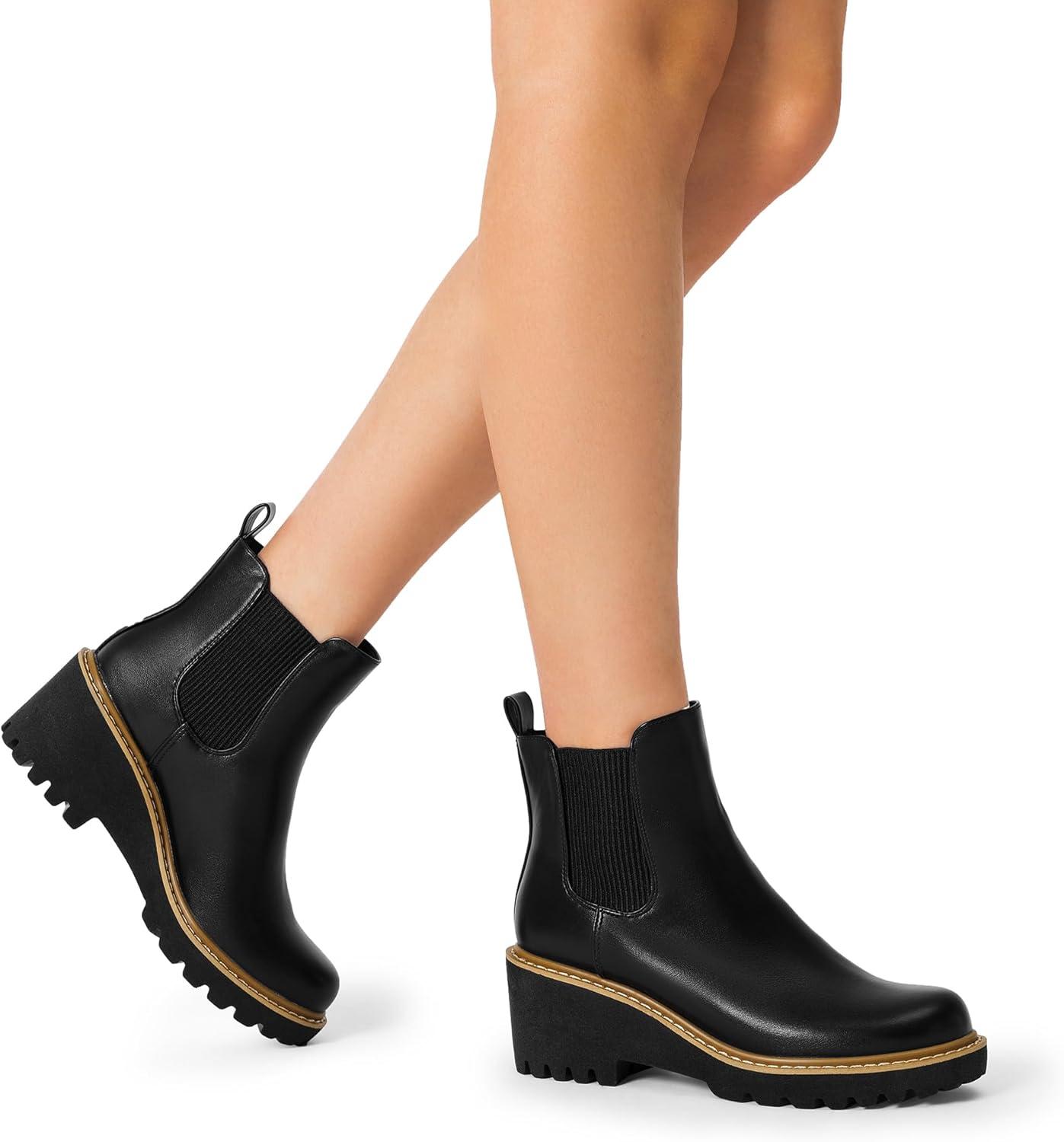 imageDREAM PAIRS Womens Wedge Chelsea Ankle Boots Fashion Round Toe Low Wedge Heel Platform Booties ShoesBlackpu