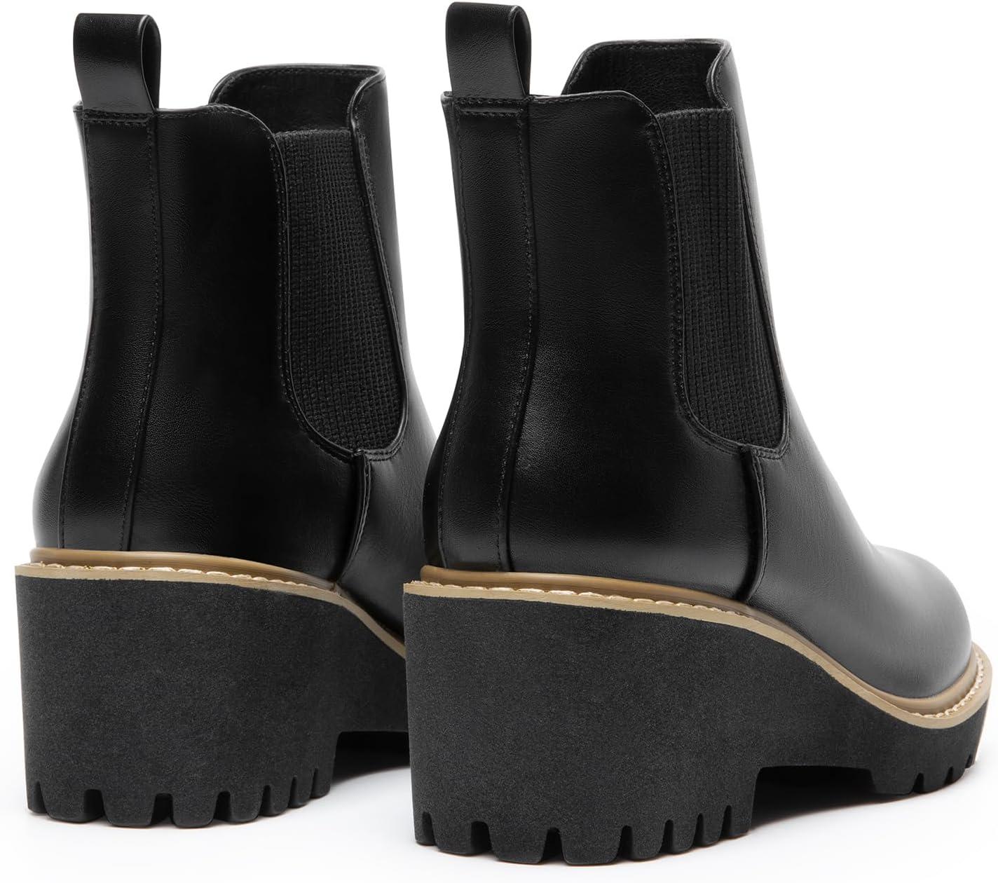 imageDREAM PAIRS Womens Wedge Chelsea Ankle Boots Fashion Round Toe Low Wedge Heel Platform Booties ShoesBlackpu