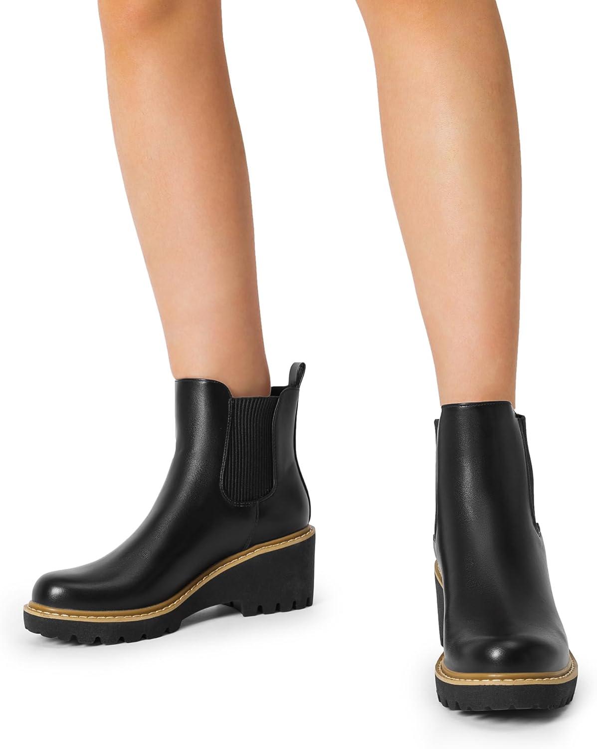 imageDREAM PAIRS Womens Wedge Chelsea Ankle Boots Fashion Round Toe Low Wedge Heel Platform Booties ShoesBlackpu