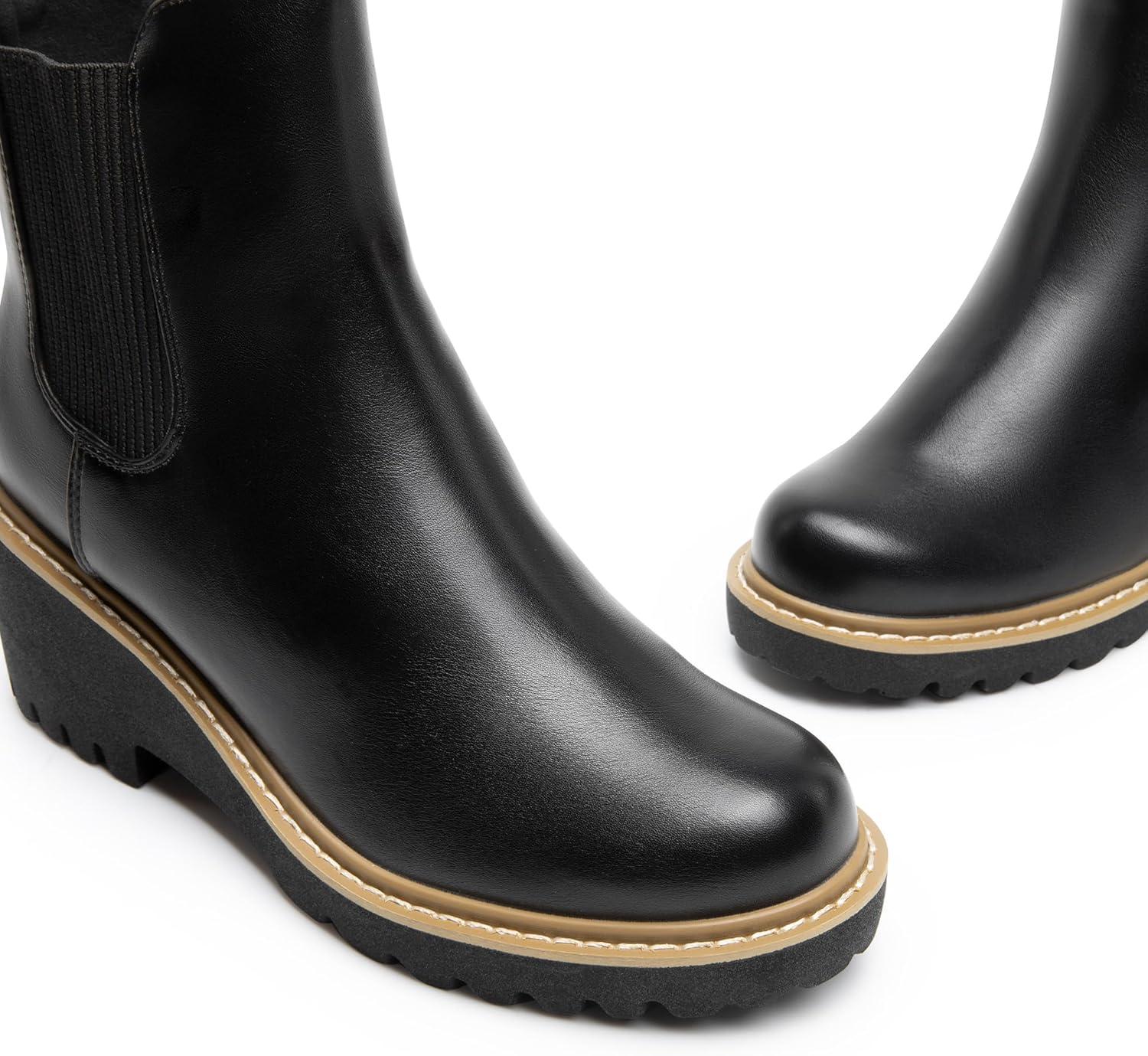 imageDREAM PAIRS Womens Wedge Chelsea Ankle Boots Fashion Round Toe Low Wedge Heel Platform Booties ShoesBlackpu