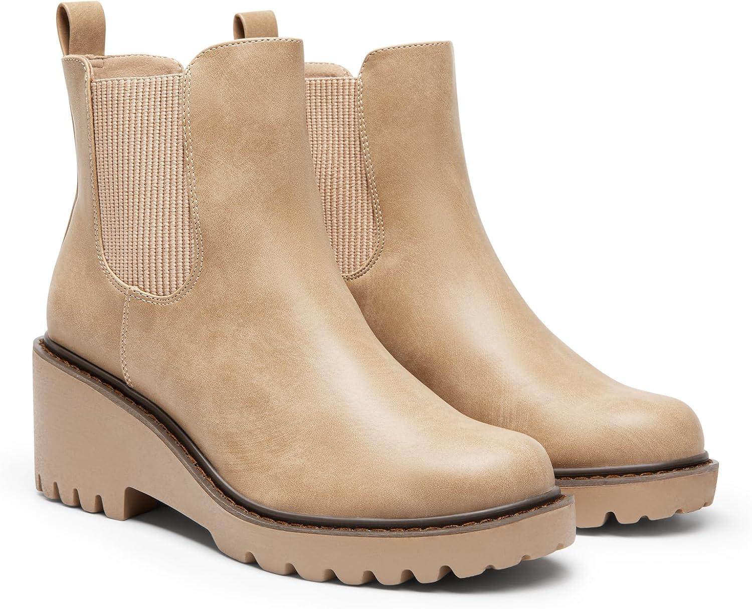 imageDREAM PAIRS Womens Wedge Chelsea Ankle Boots Fashion Round Toe Low Wedge Heel Platform Booties ShoesNudenubuck