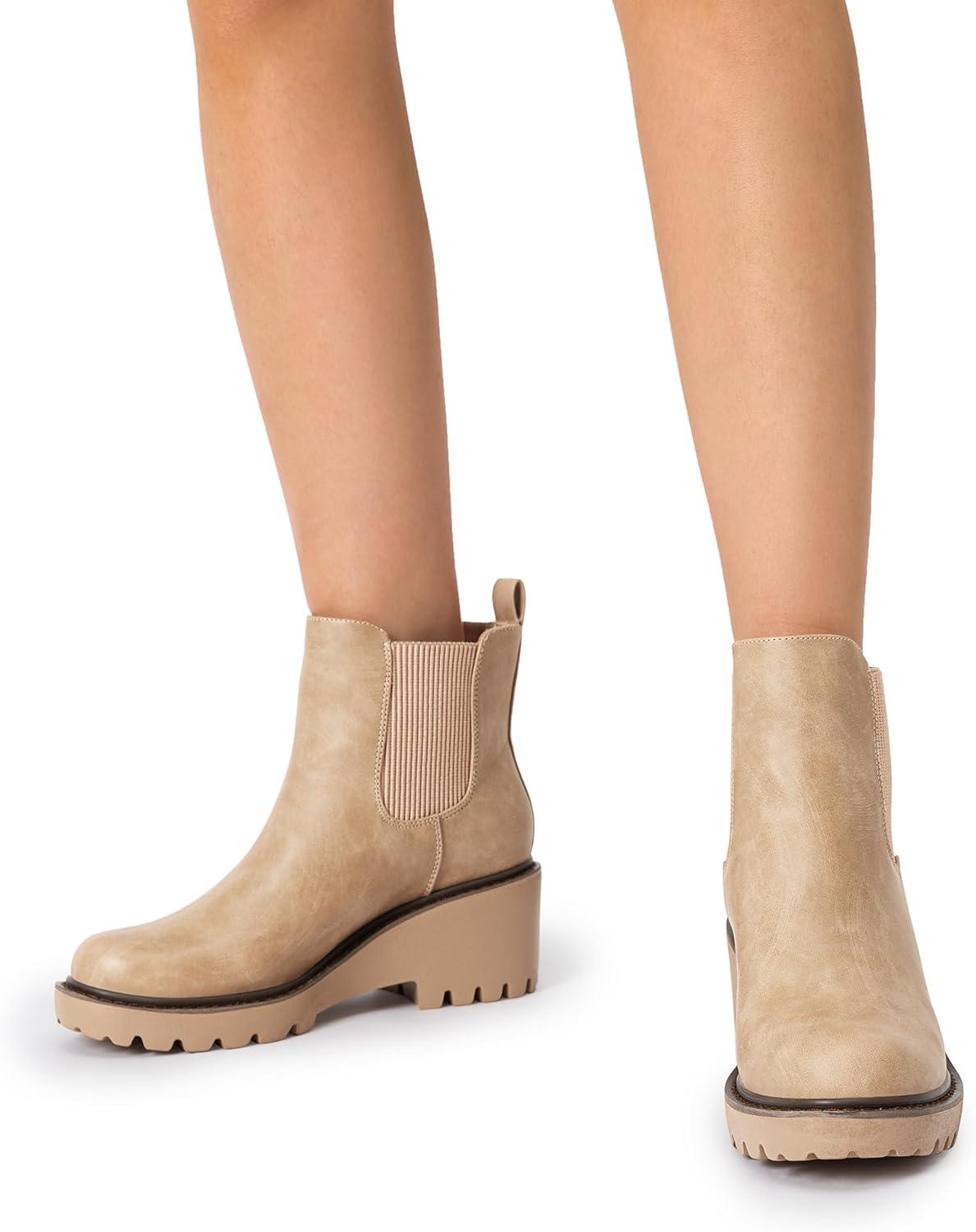 imageDREAM PAIRS Womens Wedge Chelsea Ankle Boots Fashion Round Toe Low Wedge Heel Platform Booties ShoesNudenubuck