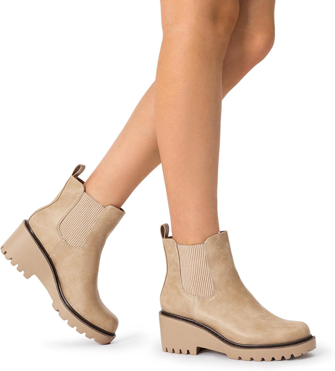 imageDREAM PAIRS Womens Wedge Chelsea Ankle Boots Fashion Round Toe Low Wedge Heel Platform Booties ShoesNudenubuck