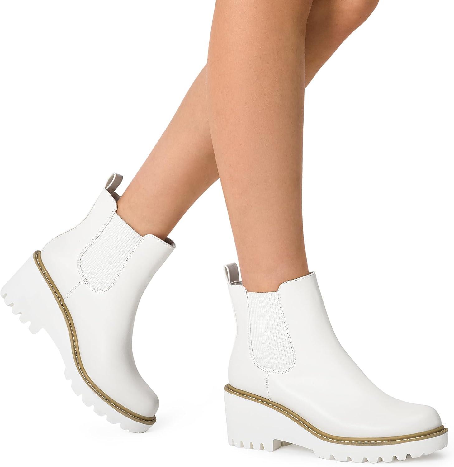 imageDREAM PAIRS Womens Wedge Chelsea Ankle Boots Fashion Round Toe Low Wedge Heel Platform Booties ShoesWhitepu