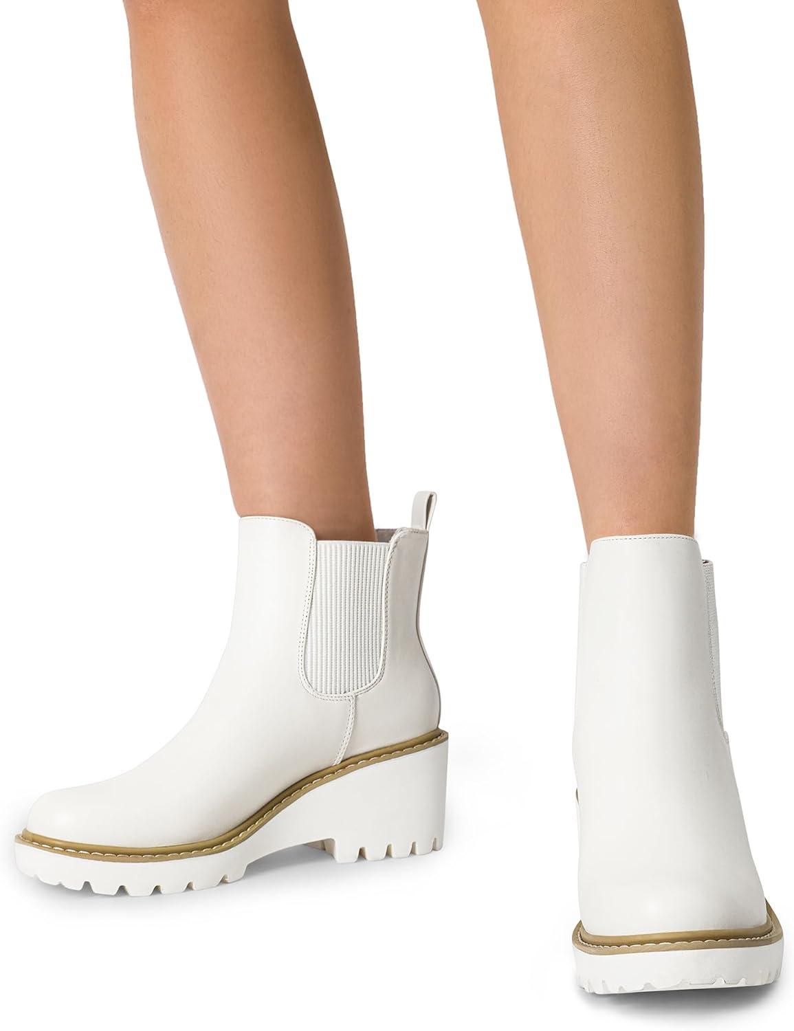 imageDREAM PAIRS Womens Wedge Chelsea Ankle Boots Fashion Round Toe Low Wedge Heel Platform Booties ShoesWhitepu