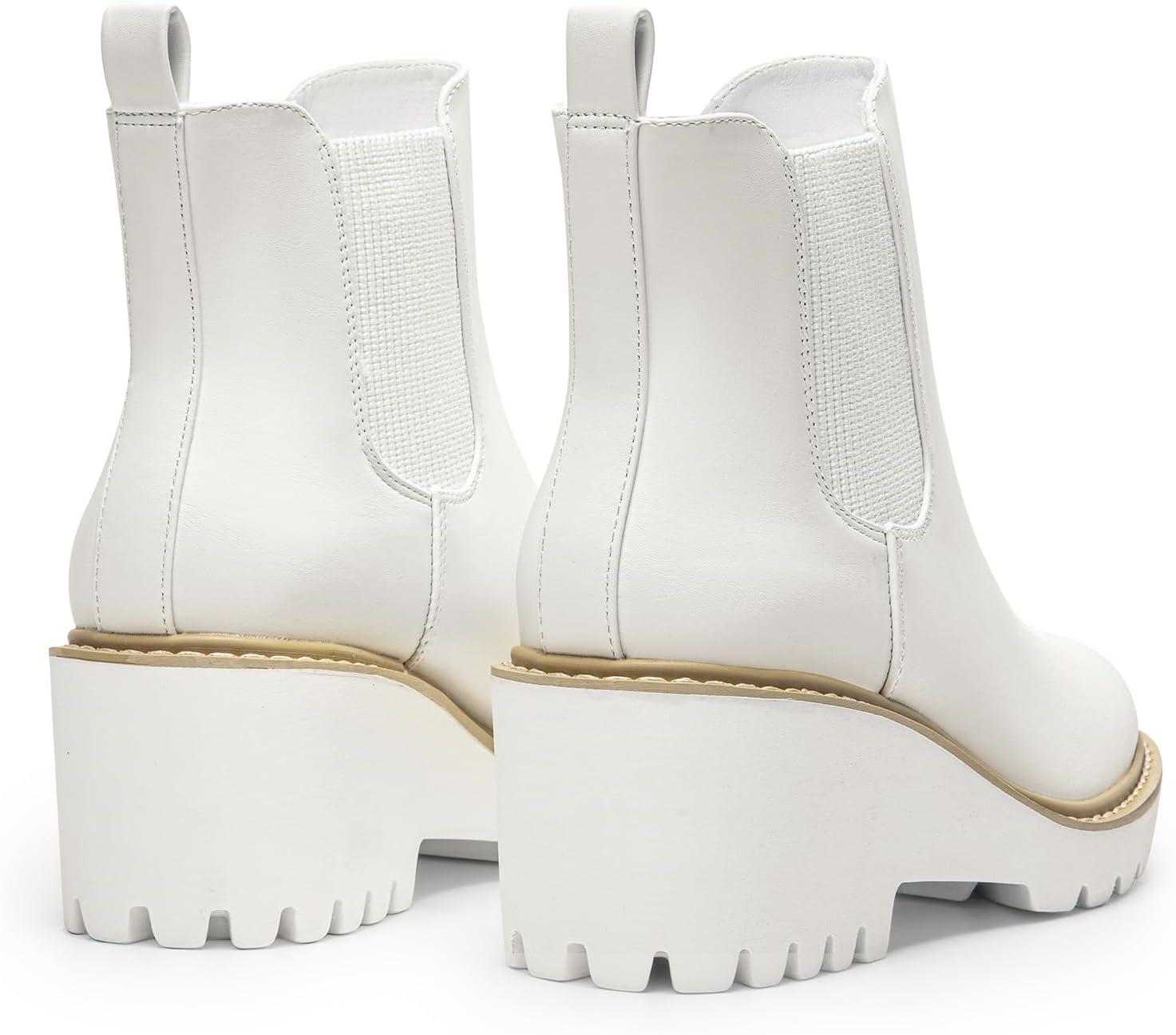 imageDREAM PAIRS Womens Wedge Chelsea Ankle Boots Fashion Round Toe Low Wedge Heel Platform Booties ShoesWhitepu