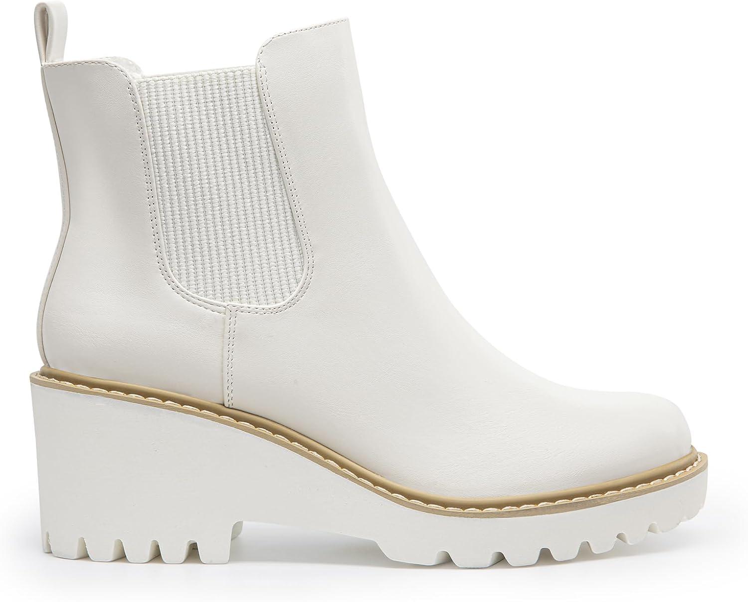 imageDREAM PAIRS Womens Wedge Chelsea Ankle Boots Fashion Round Toe Low Wedge Heel Platform Booties ShoesWhitepu