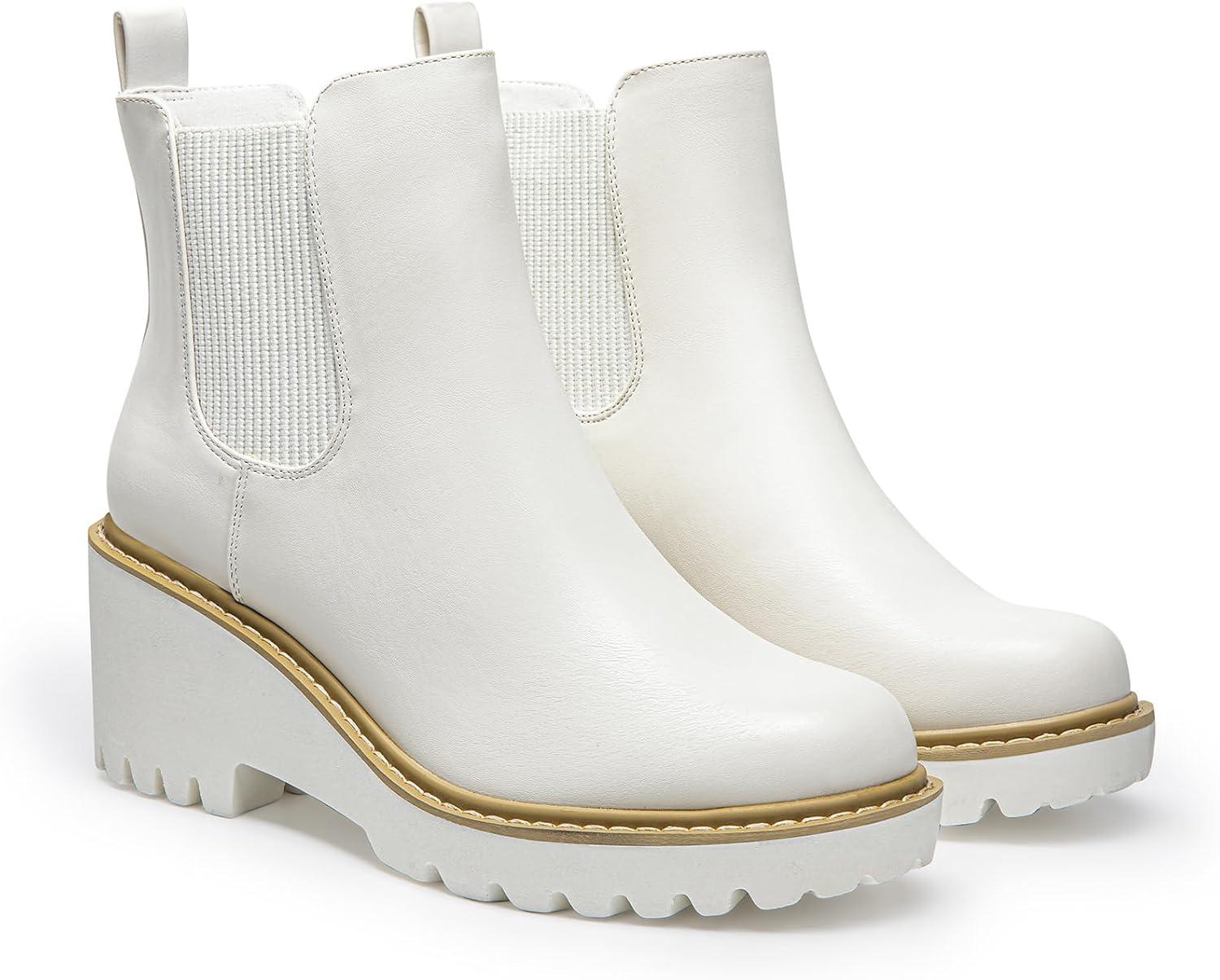 imageDREAM PAIRS Womens Wedge Chelsea Ankle Boots Fashion Round Toe Low Wedge Heel Platform Booties ShoesWhitepu