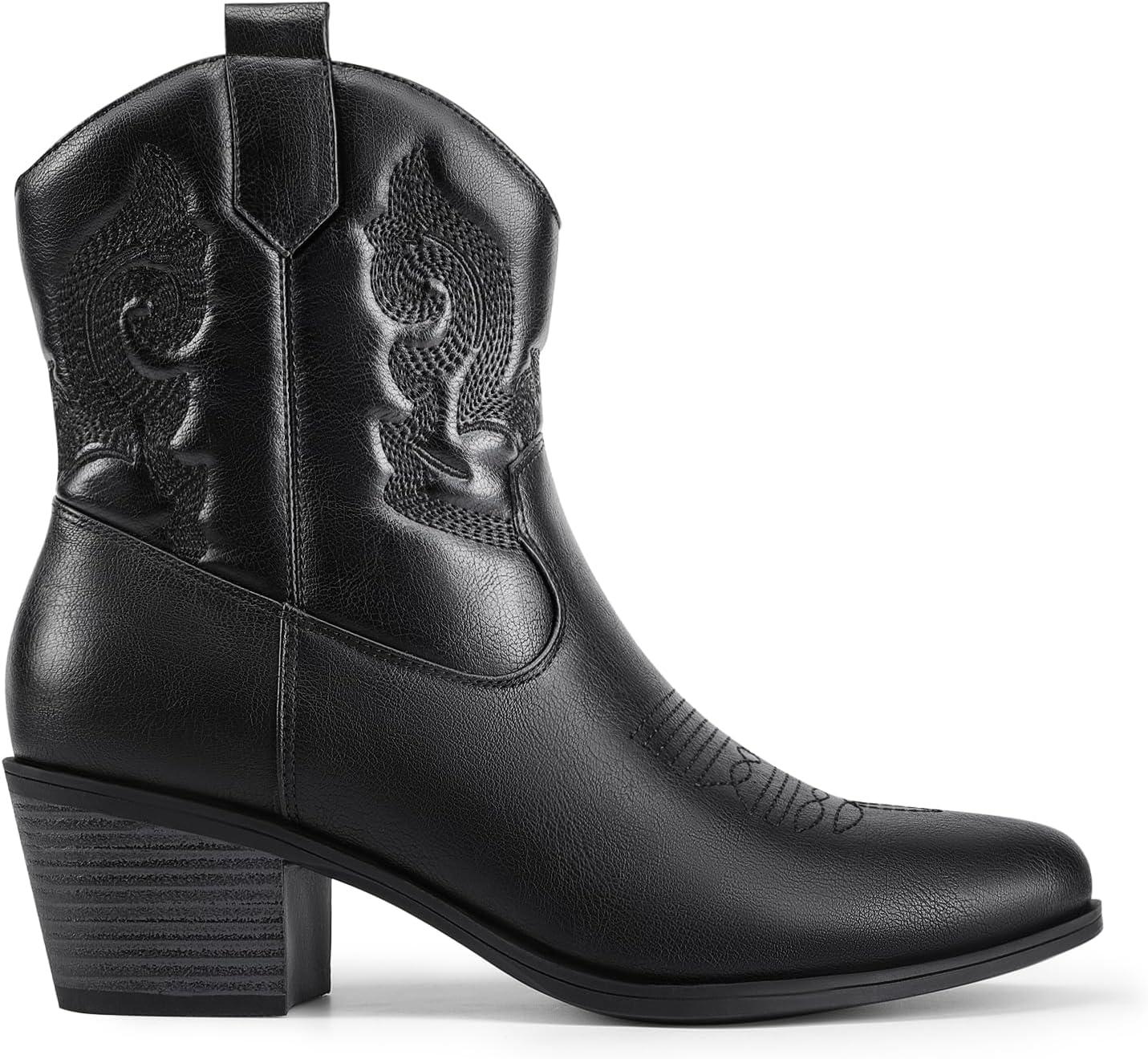 imageDREAM PAIRS Womens Western Cowboy Cowgirl Embroidered Ankle Boots Fashion Low chunky Heel Round Toe Fall Short Booties ShoesBlack