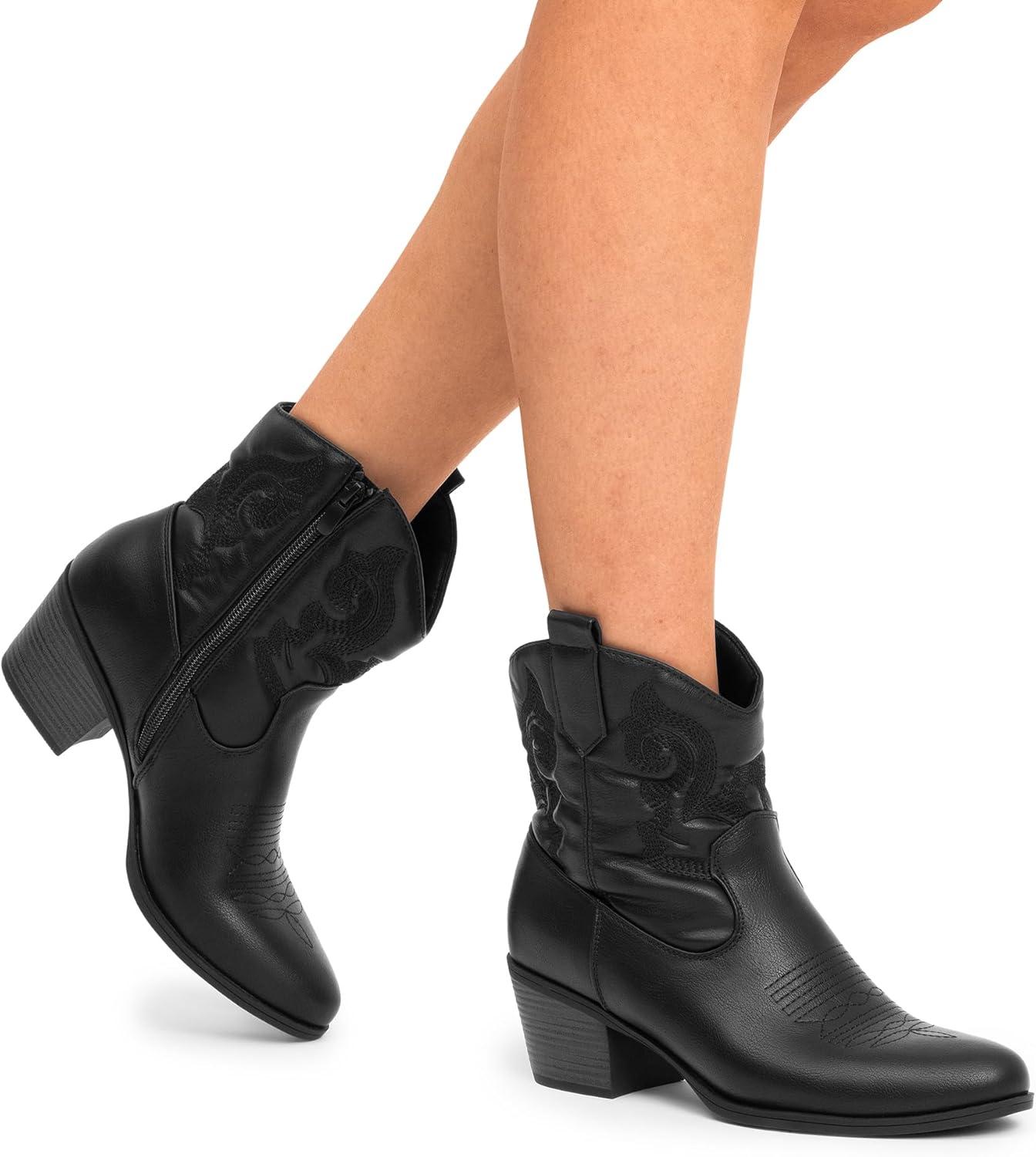 imageDREAM PAIRS Womens Western Cowboy Cowgirl Embroidered Ankle Boots Fashion Low chunky Heel Round Toe Fall Short Booties ShoesBlack