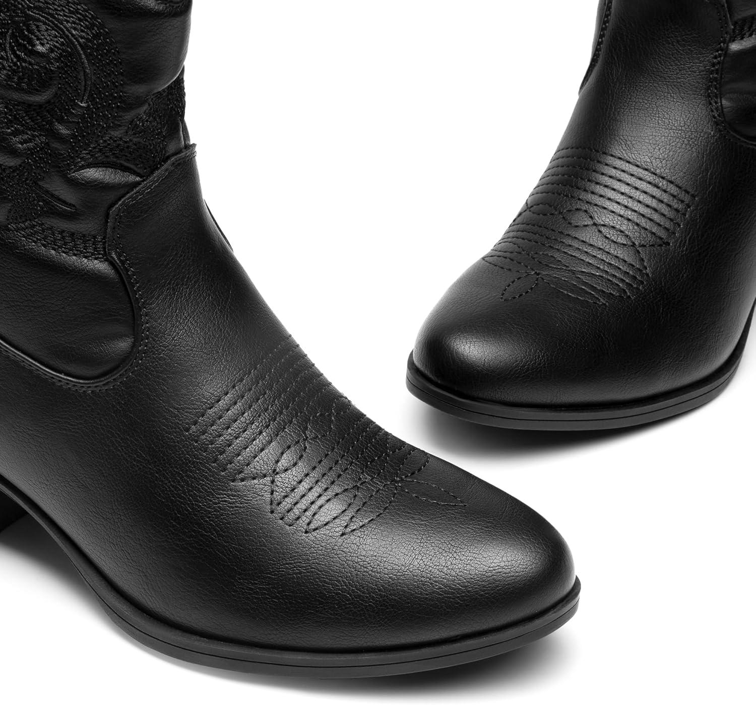 imageDREAM PAIRS Womens Western Cowboy Cowgirl Embroidered Ankle Boots Fashion Low chunky Heel Round Toe Fall Short Booties ShoesBlack