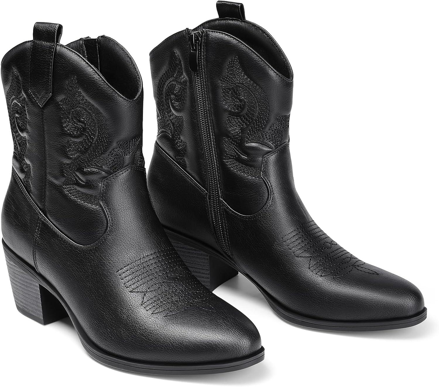 imageDREAM PAIRS Womens Western Cowboy Cowgirl Embroidered Ankle Boots Fashion Low chunky Heel Round Toe Fall Short Booties ShoesBlack