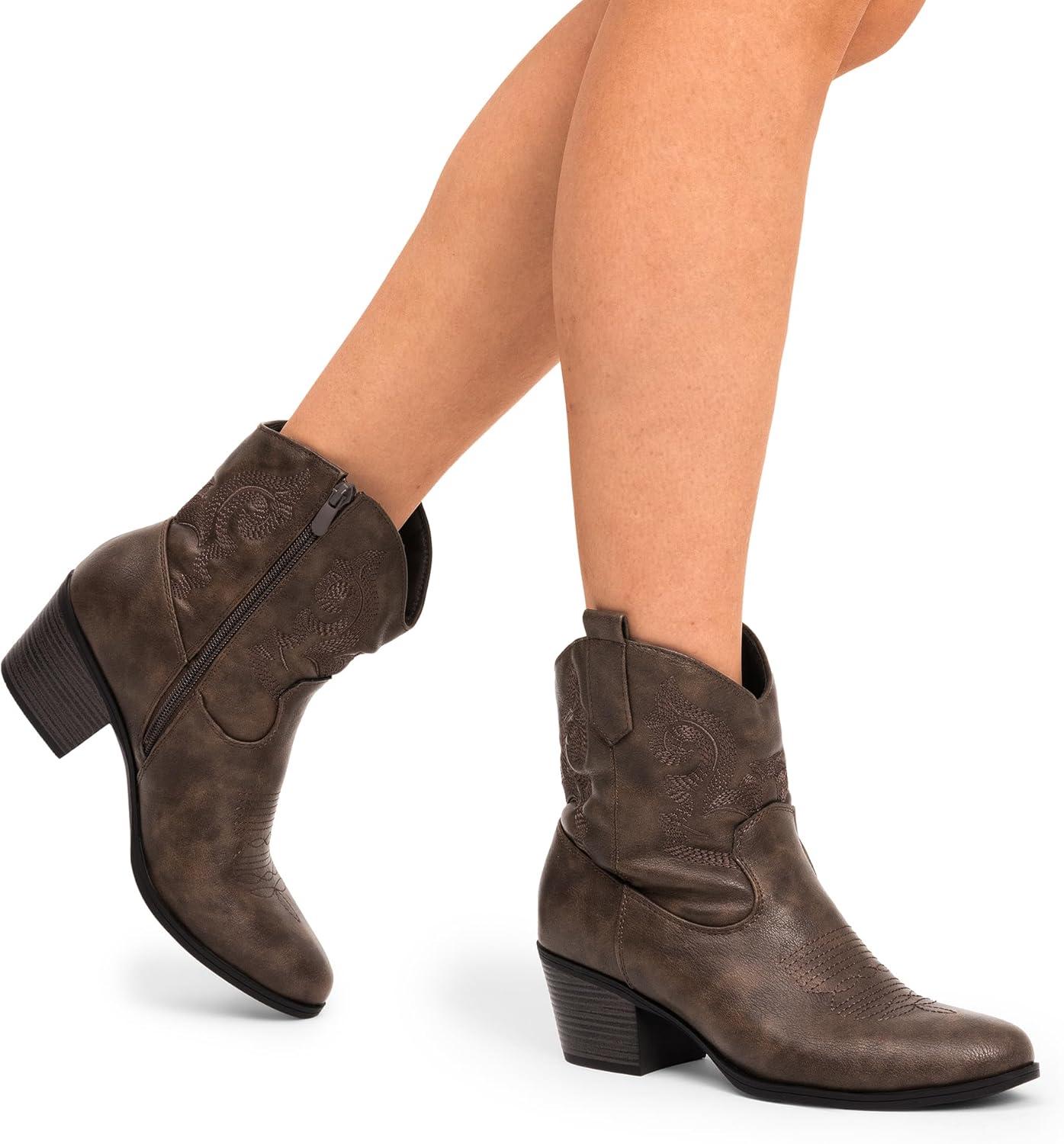 imageDREAM PAIRS Womens Western Cowboy Cowgirl Embroidered Ankle Boots Fashion Low chunky Heel Round Toe Fall Short Booties ShoesBrown