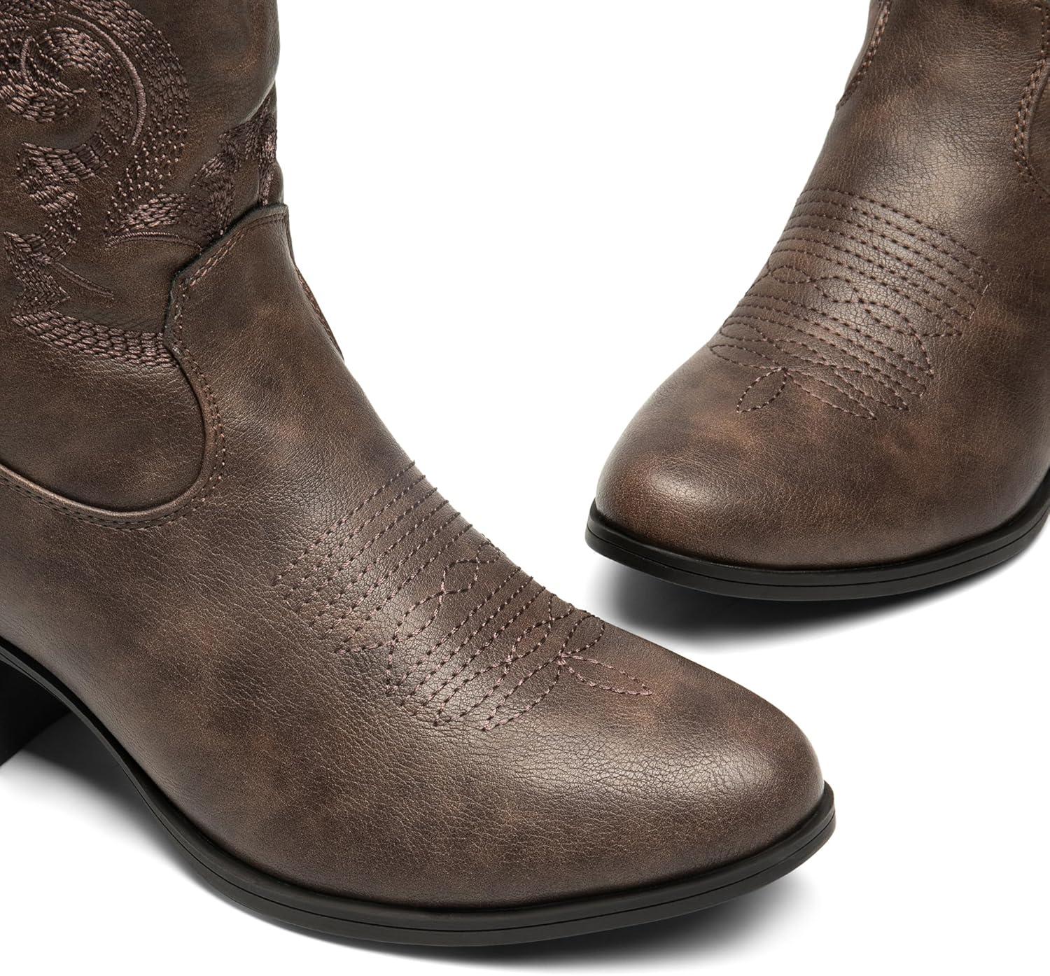 imageDREAM PAIRS Womens Western Cowboy Cowgirl Embroidered Ankle Boots Fashion Low chunky Heel Round Toe Fall Short Booties ShoesBrown