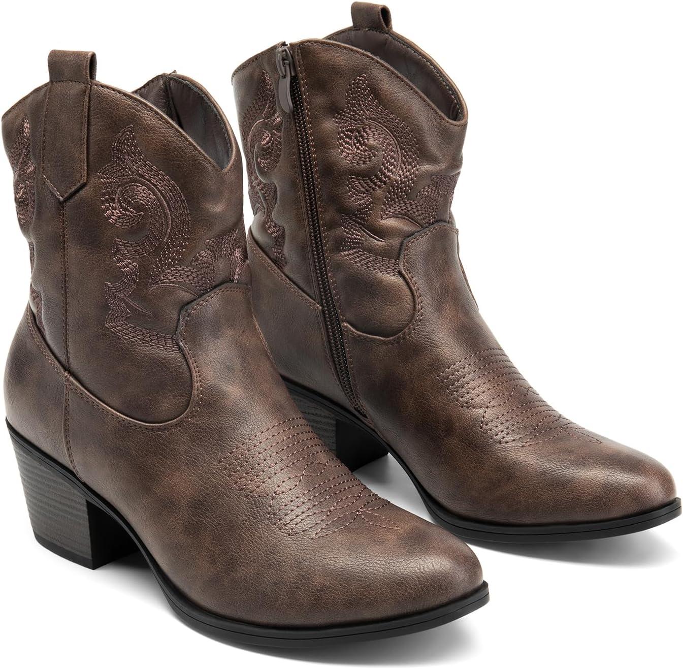imageDREAM PAIRS Womens Western Cowboy Cowgirl Embroidered Ankle Boots Fashion Low chunky Heel Round Toe Fall Short Booties ShoesBrown