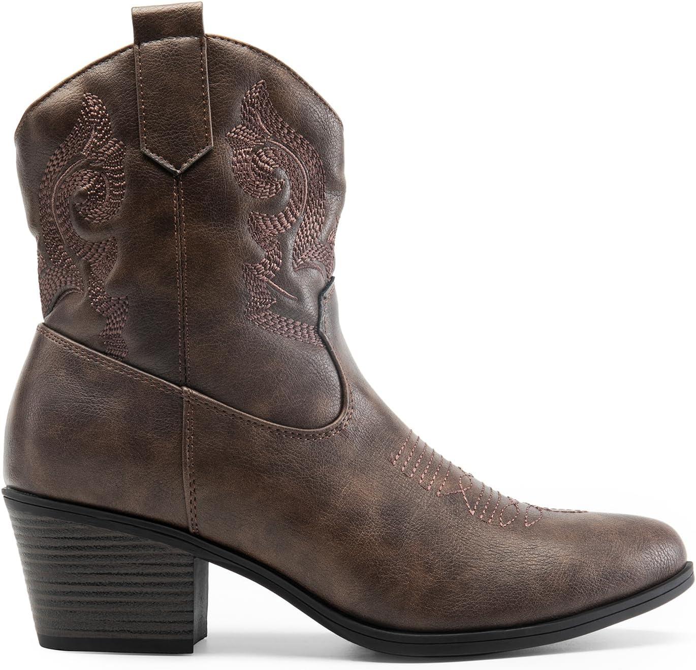 imageDREAM PAIRS Womens Western Cowboy Cowgirl Embroidered Ankle Boots Fashion Low chunky Heel Round Toe Fall Short Booties ShoesBrown