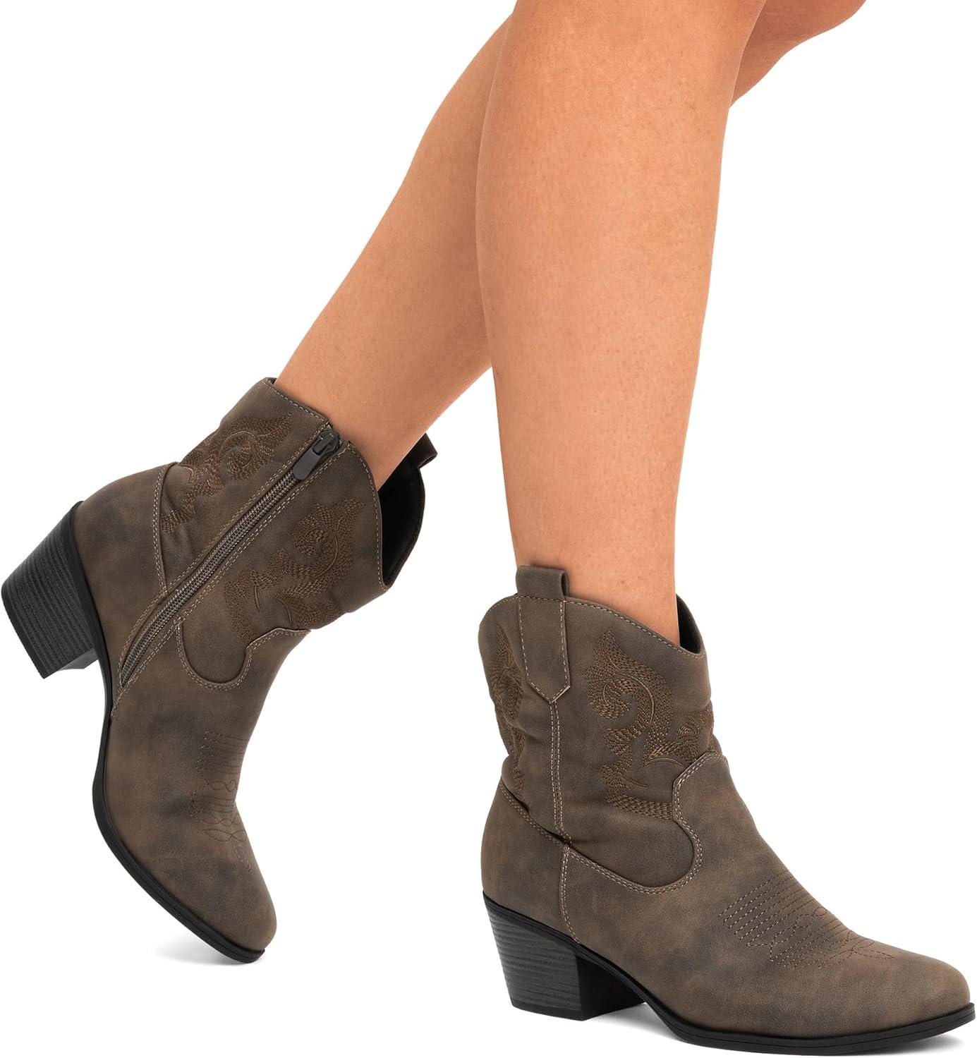 imageDREAM PAIRS Womens Western Cowboy Cowgirl Embroidered Ankle Boots Fashion Low chunky Heel Round Toe Fall Short Booties ShoesCamel