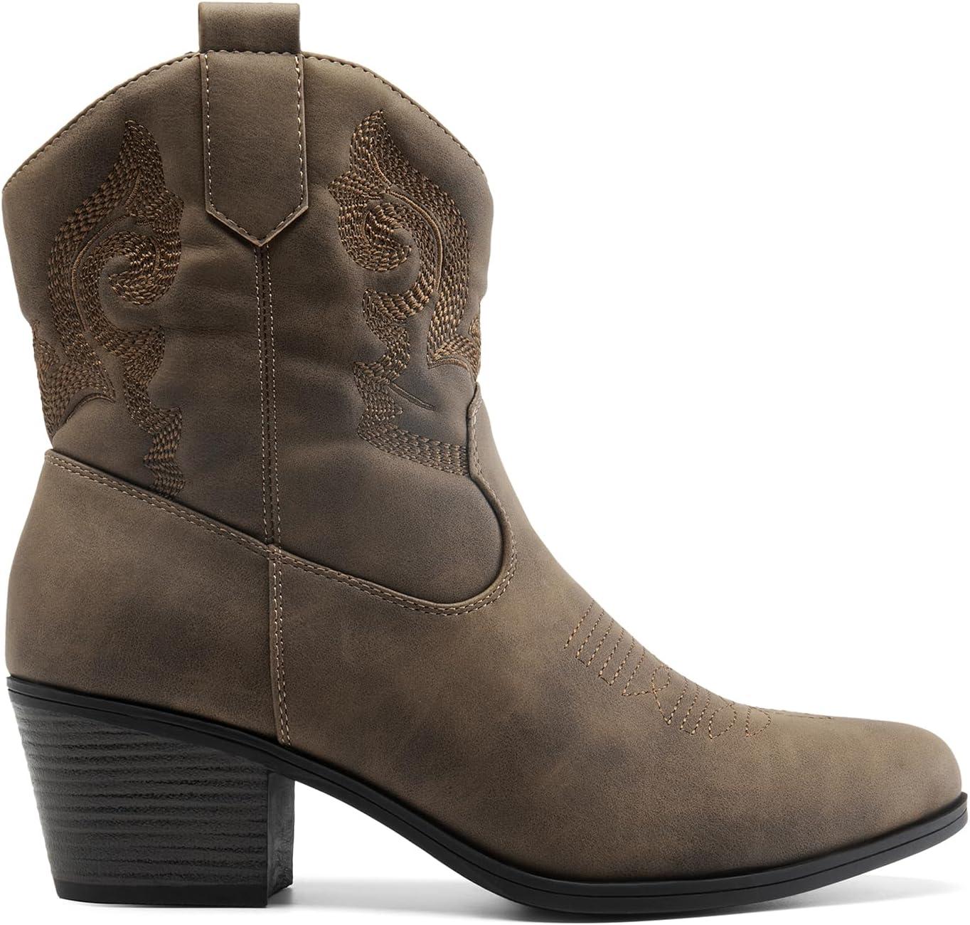 imageDREAM PAIRS Womens Western Cowboy Cowgirl Embroidered Ankle Boots Fashion Low chunky Heel Round Toe Fall Short Booties ShoesCamel