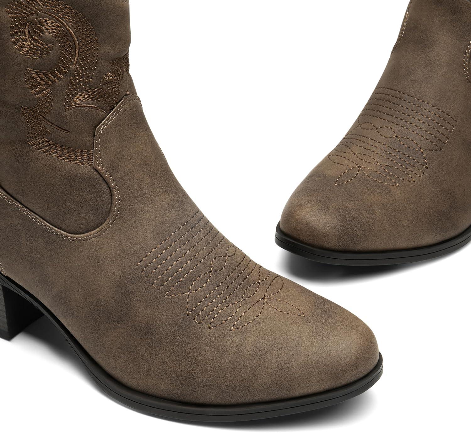 imageDREAM PAIRS Womens Western Cowboy Cowgirl Embroidered Ankle Boots Fashion Low chunky Heel Round Toe Fall Short Booties ShoesCamel