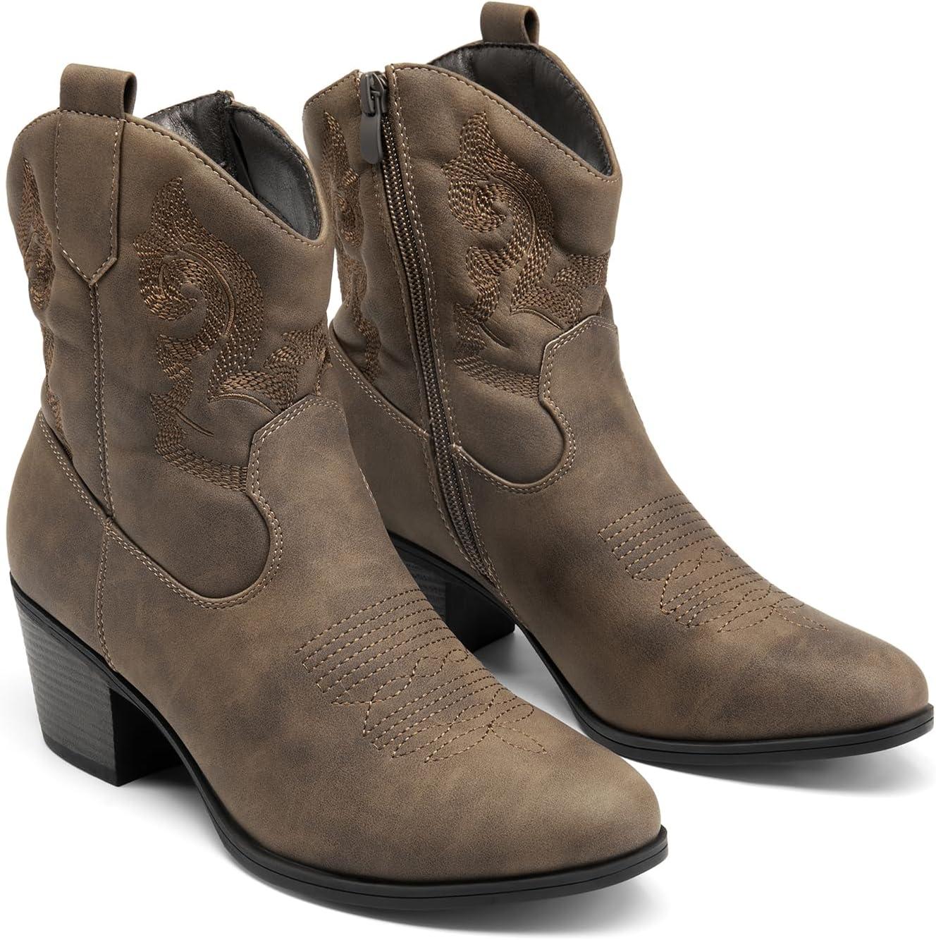 imageDREAM PAIRS Womens Western Cowboy Cowgirl Embroidered Ankle Boots Fashion Low chunky Heel Round Toe Fall Short Booties ShoesCamel