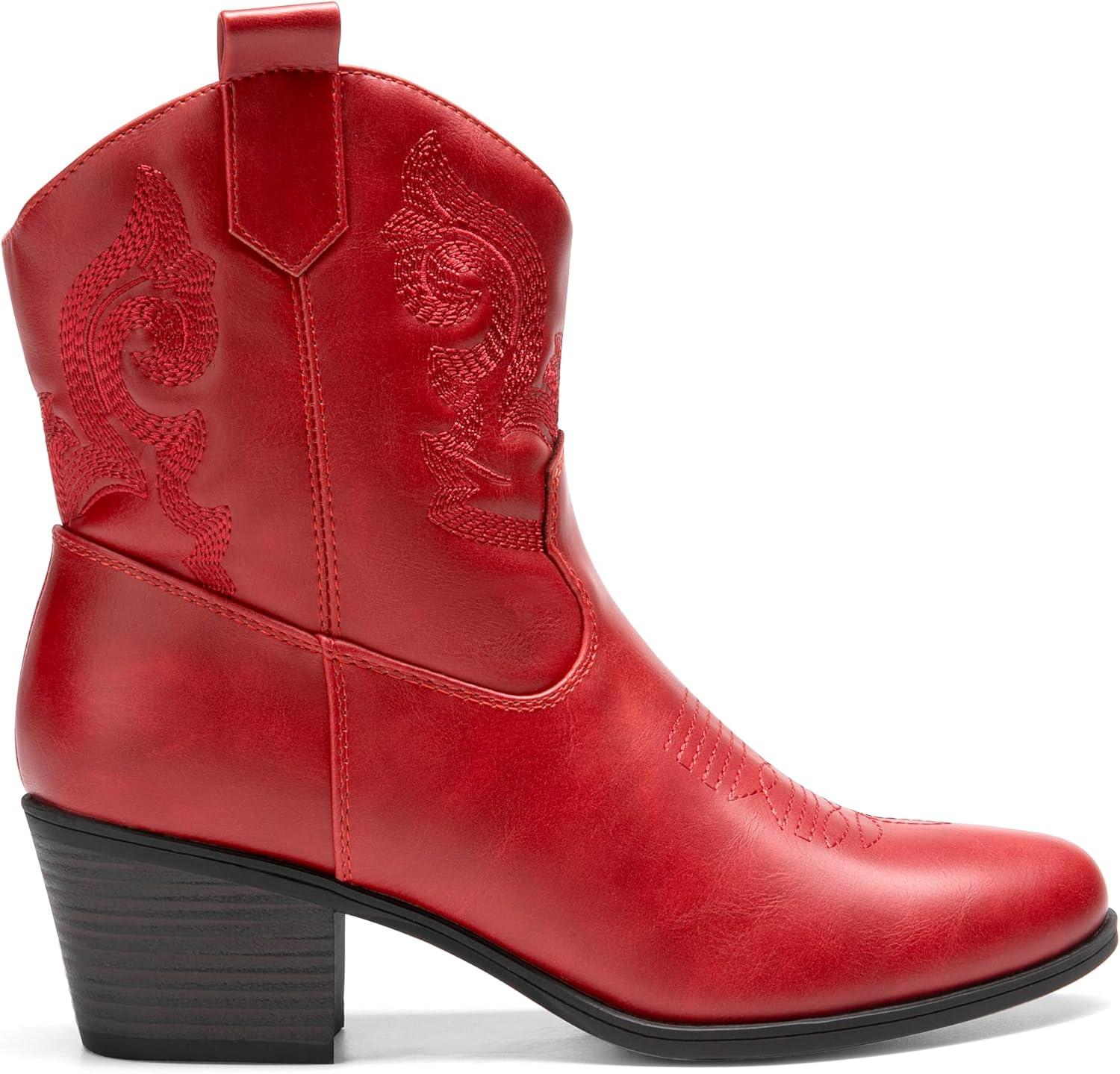 imageDREAM PAIRS Womens Western Cowboy Cowgirl Embroidered Ankle Boots Fashion Low chunky Heel Round Toe Fall Short Booties ShoesRed